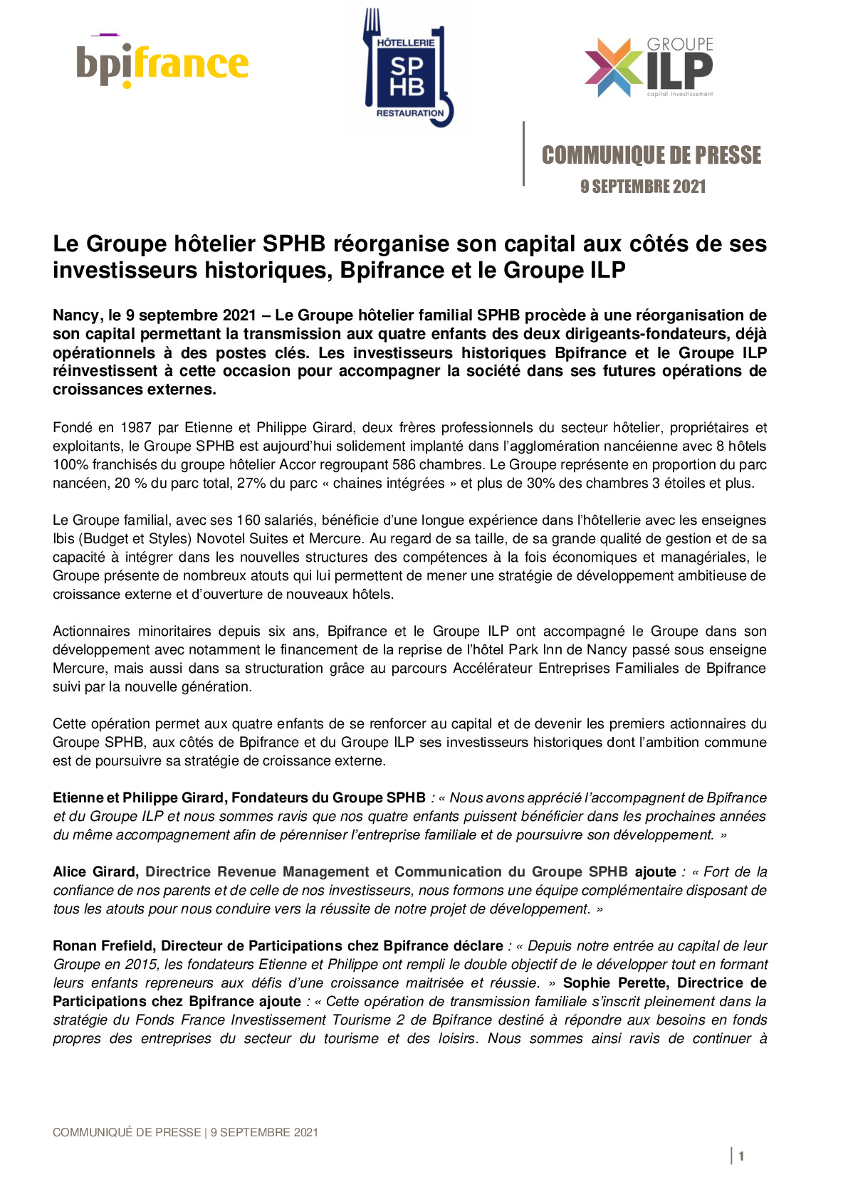 2021 09 09 – CP – Le Groupe hotelier SPHB reorganise son capital aux cotes de ses investisseurs historiques Bpifrance et le Groupe ILP-pdf