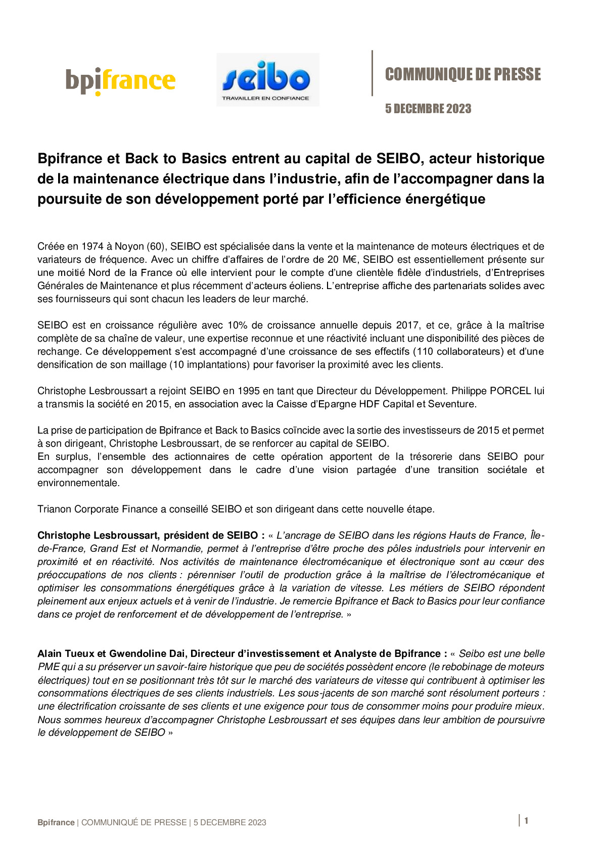 2023 12 05 CP – Bpifrance et Back To Basics entrent au capital de SEIBO acteur historique de la maintenance électrique dans lindustrie-pdf