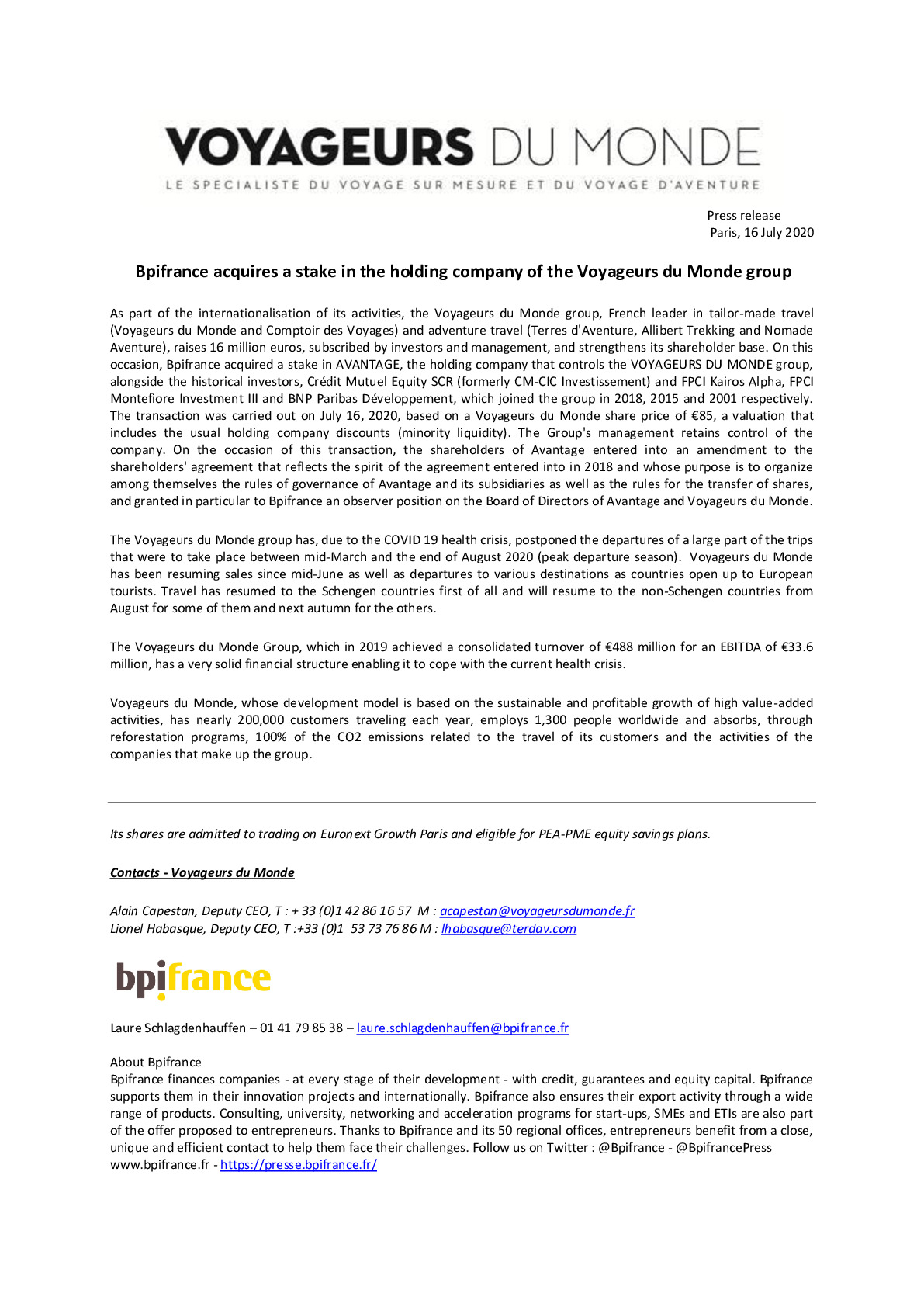 Press release Bpifrance acquires a stake in the holding of Voyageurs du Monde group 16-7-2020-pdf