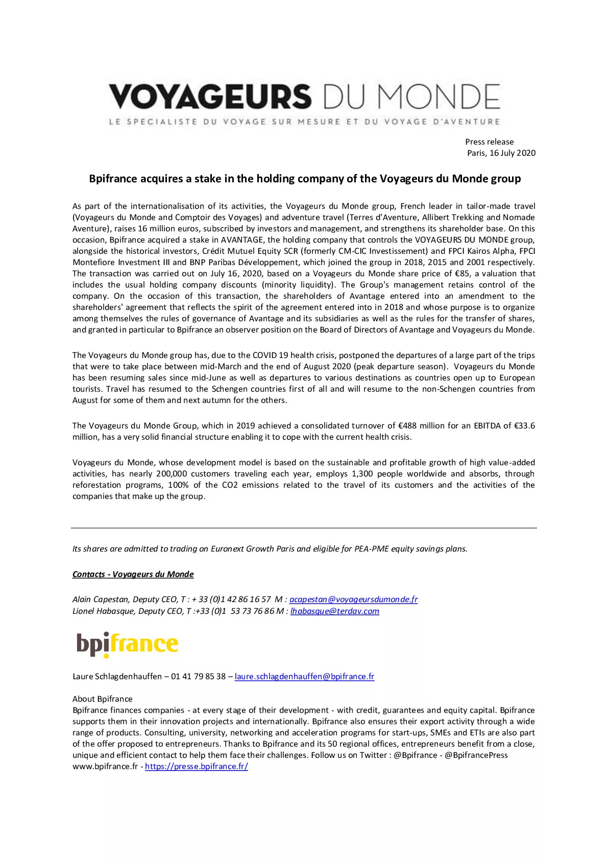 Press release Bpifrance acquires a stake in the holding of Voyageurs du Monde group 16-7-2020-pdf