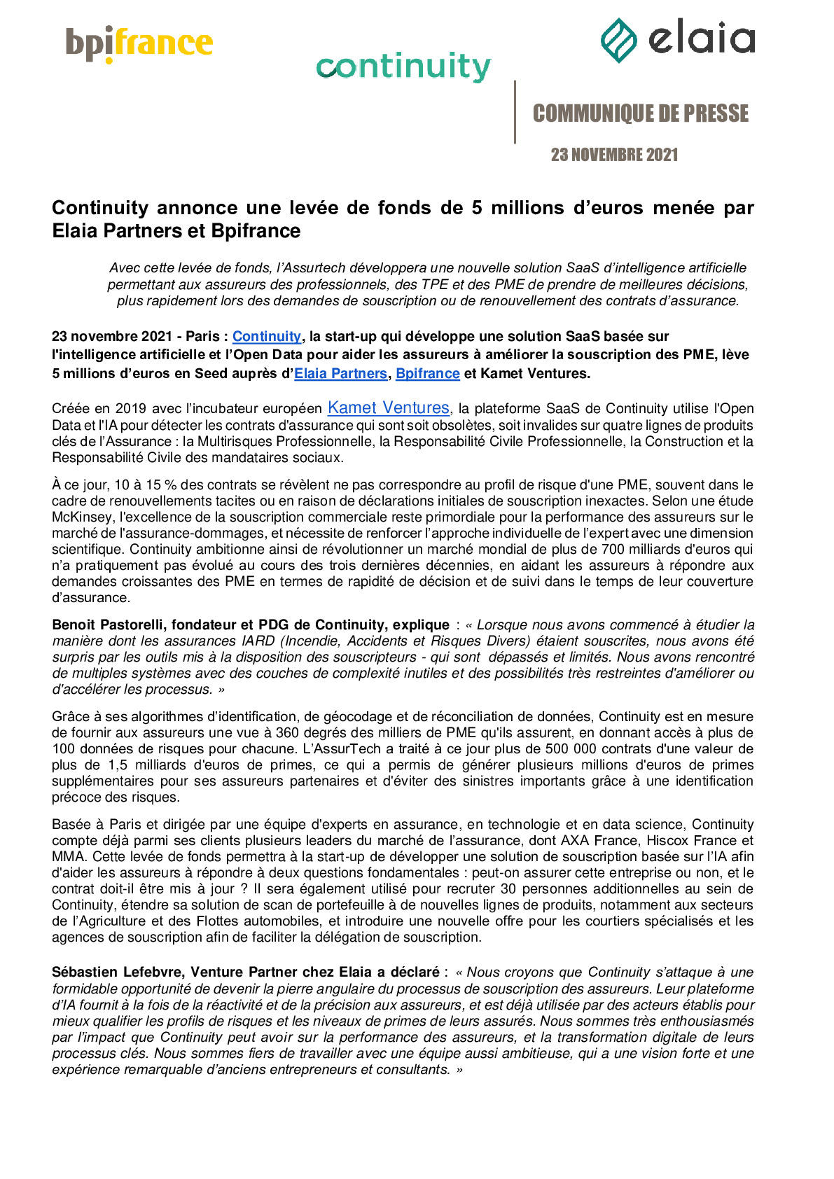 2021 11 23 – Continuity annonce une levee de fonds de 5 millions deuros menee par Elaia Partners et Bpifrance-pdf