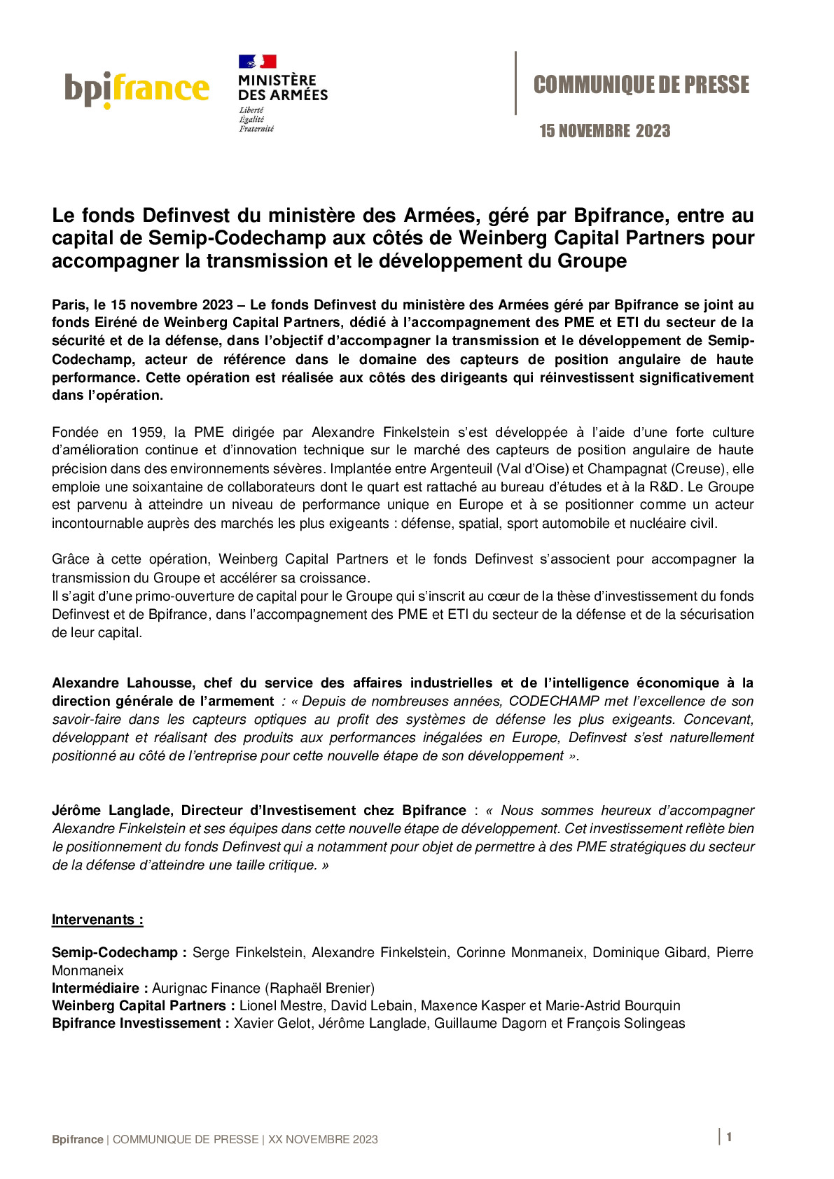2023 11 15 – CP Le fonds Definvest du ministère des Armées, géré par Bpifrance, entre au capital de Semip-Codechamp-pdf