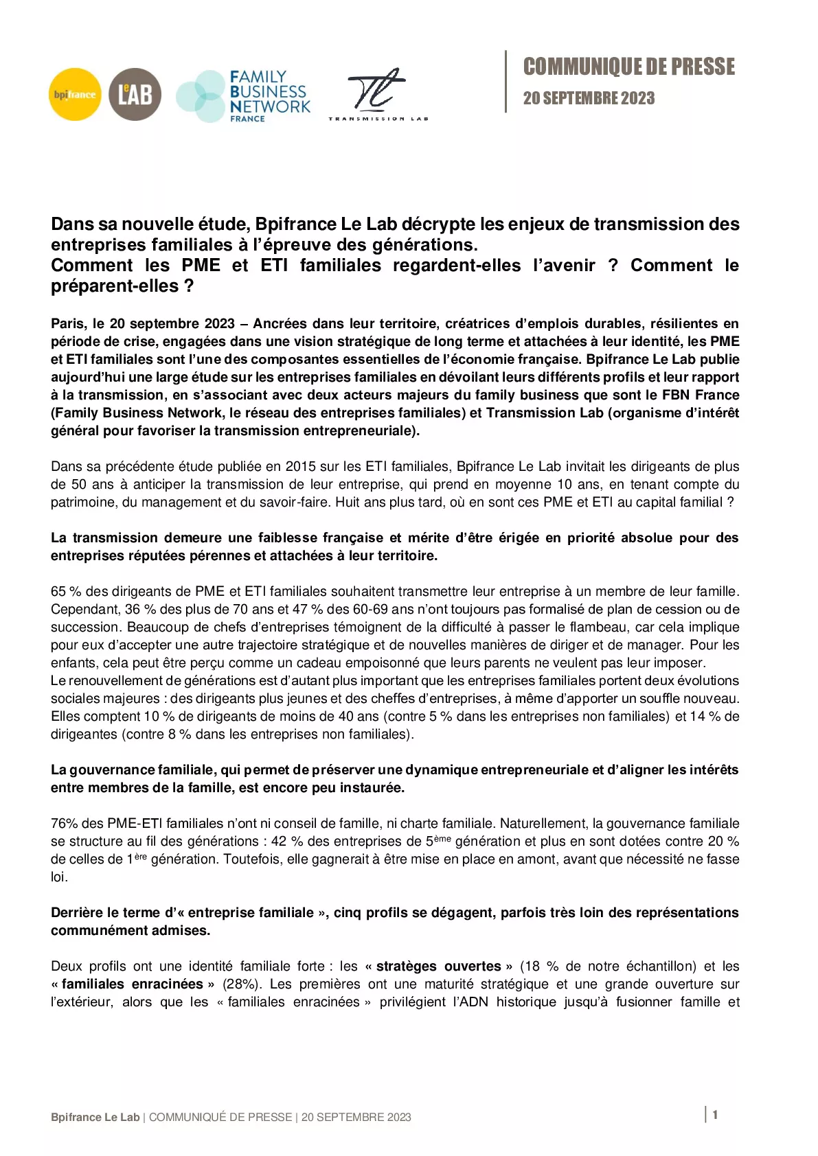 2023 09 20 – CP Bpifrance Le Lab -Dans sa nouvelle étude Bpifrance Le Lab décrypte les enjeux de transmission des entreprises familiales à lépreuve des générations_-pdf