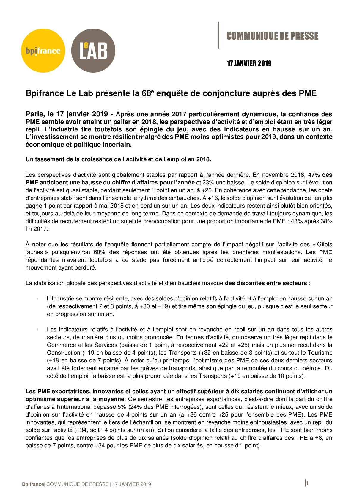 2019 01 17 – CP Bpifrance – 68e Enquete de conjoncture PME-pdf