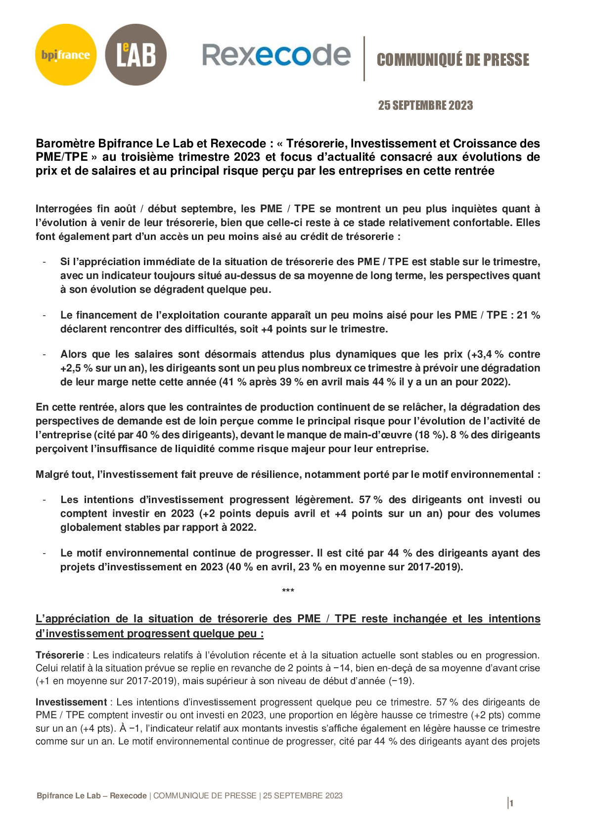 2023 09 25 – CP Baromètre Bpifrance Le Lab x Rexecode PME TPE T3 2023-pdf