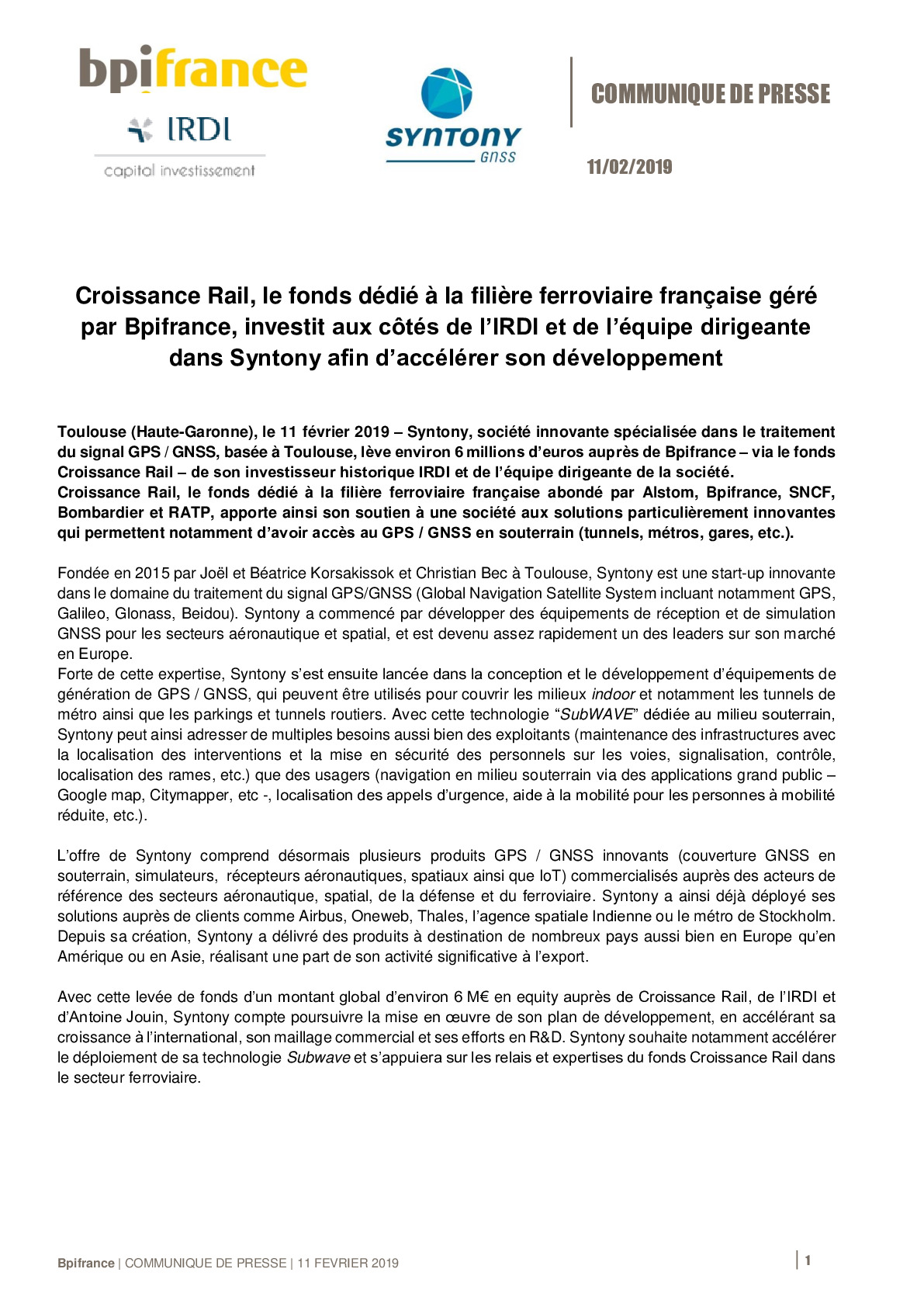 2019-02-11 – Communique de presse Bpifrance – Levee de fonds Syntony-pdf