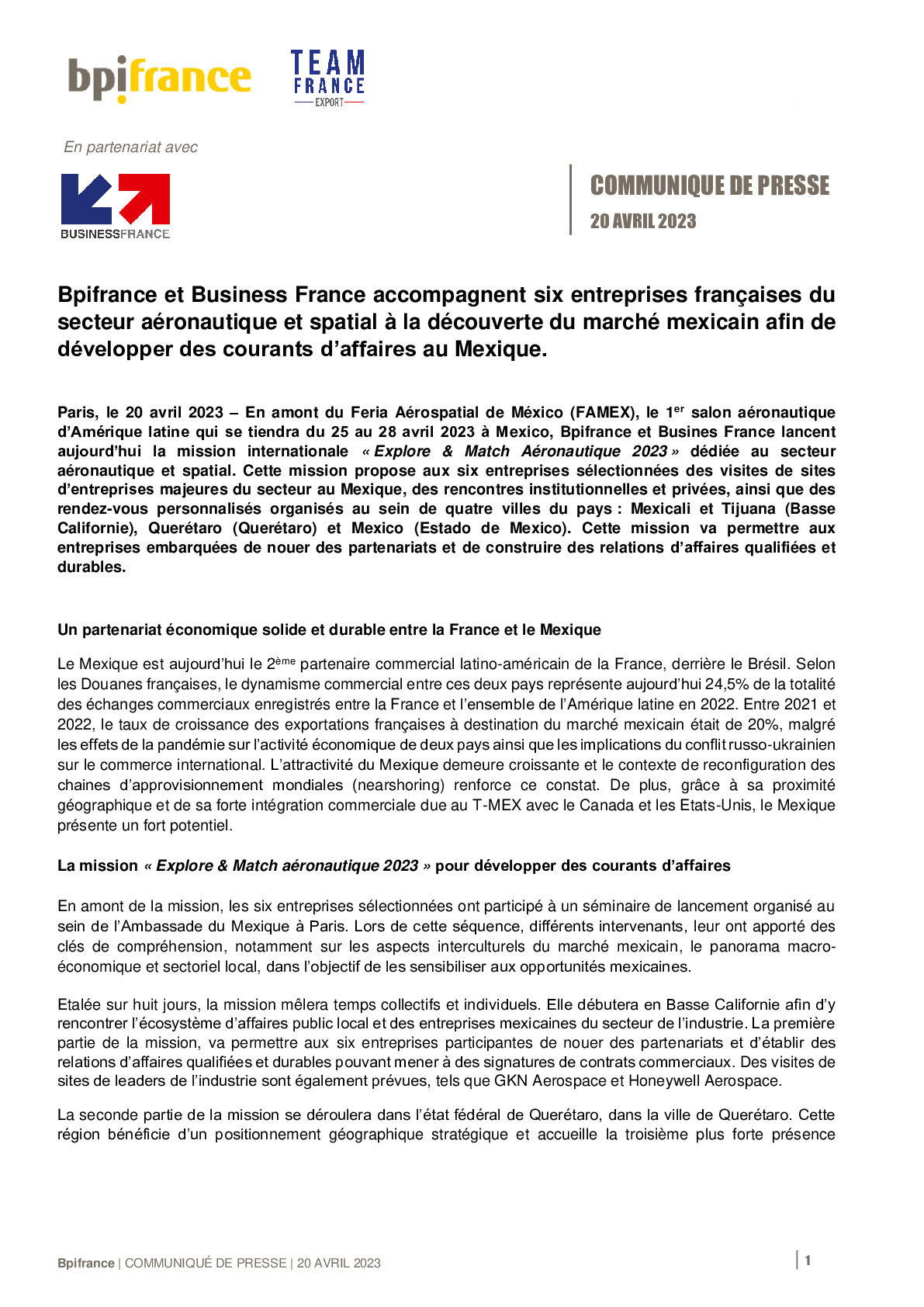 CP Bpifrance – Bpifrance et Business France accompagnent six entreprises françaises du secteur aéronautique et spatial à la découverte du marché mexicain-pdf