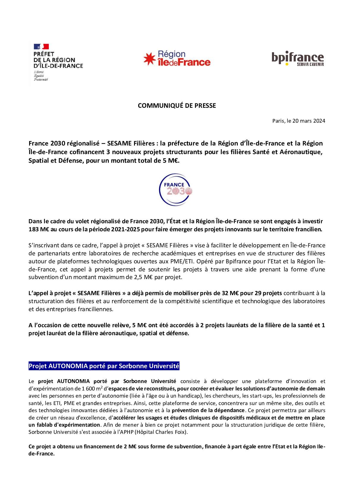 2024 03 20 France 2030 Ile-de-France  SESAME Filières-pdf