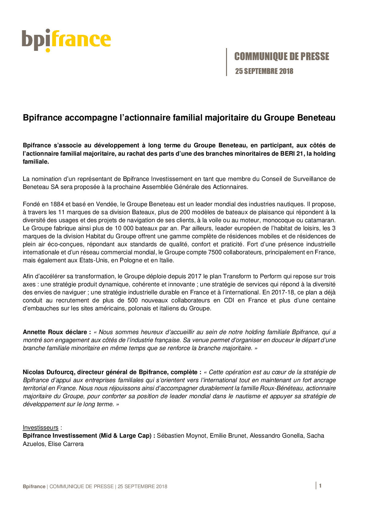 2018 09 25 – Communique de presse – Bpifrance accompagne lactionnaire familial majoritaire du Groupe Beneteau-pdf