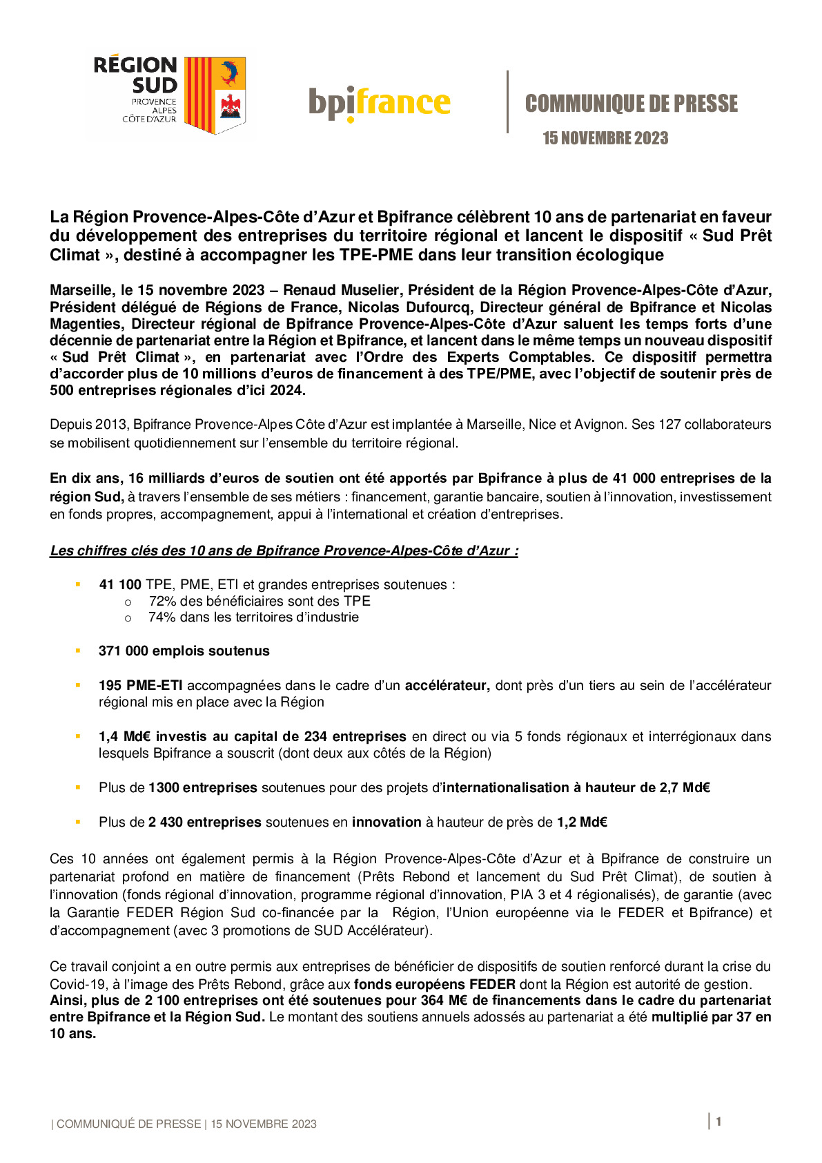 2023 11 15 – CP – La Région Provence-Alpes-Côte d’Azur et Bpifrance célèbrent 10 ans de partenariat en faveur du développement-pdf