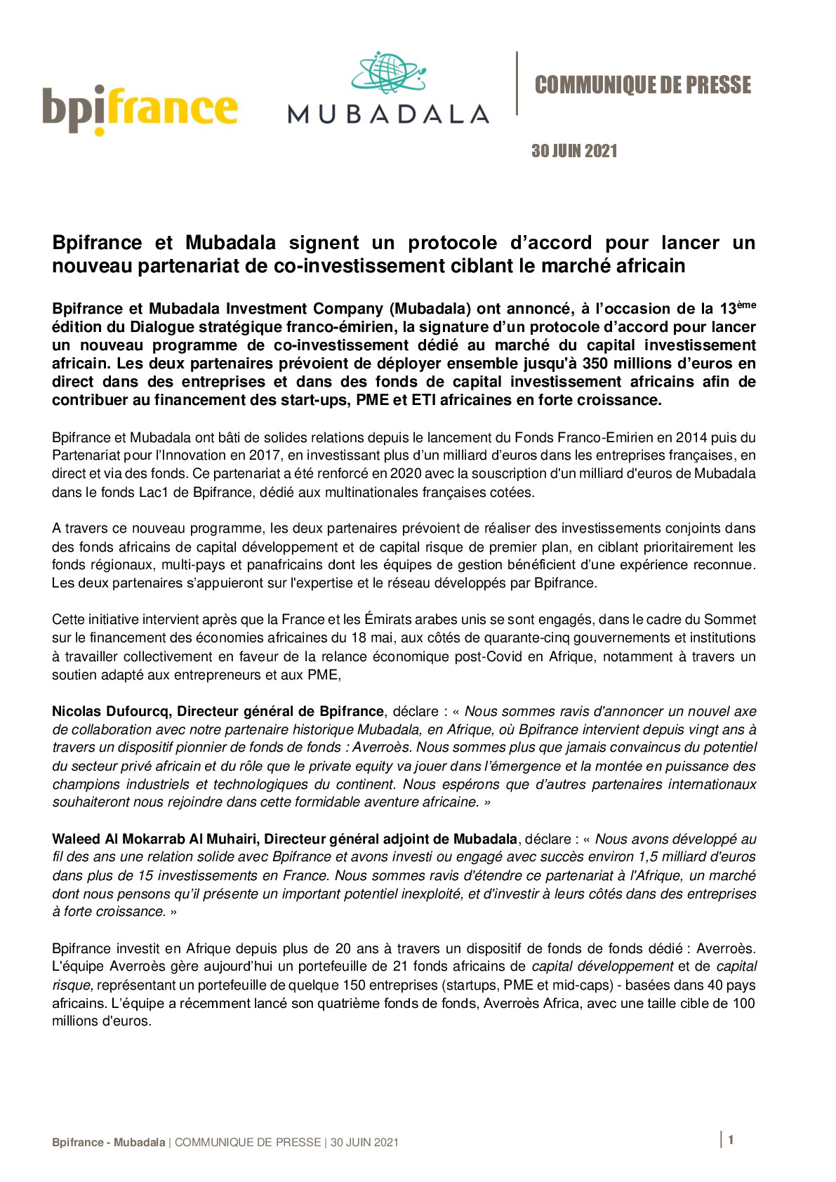 2021 06 30 – CP – Bpifrance et Mubadala signent un protocole daccord pour lancer un nouveau partenariat de co-investissement ciblant le marche africain-pdf