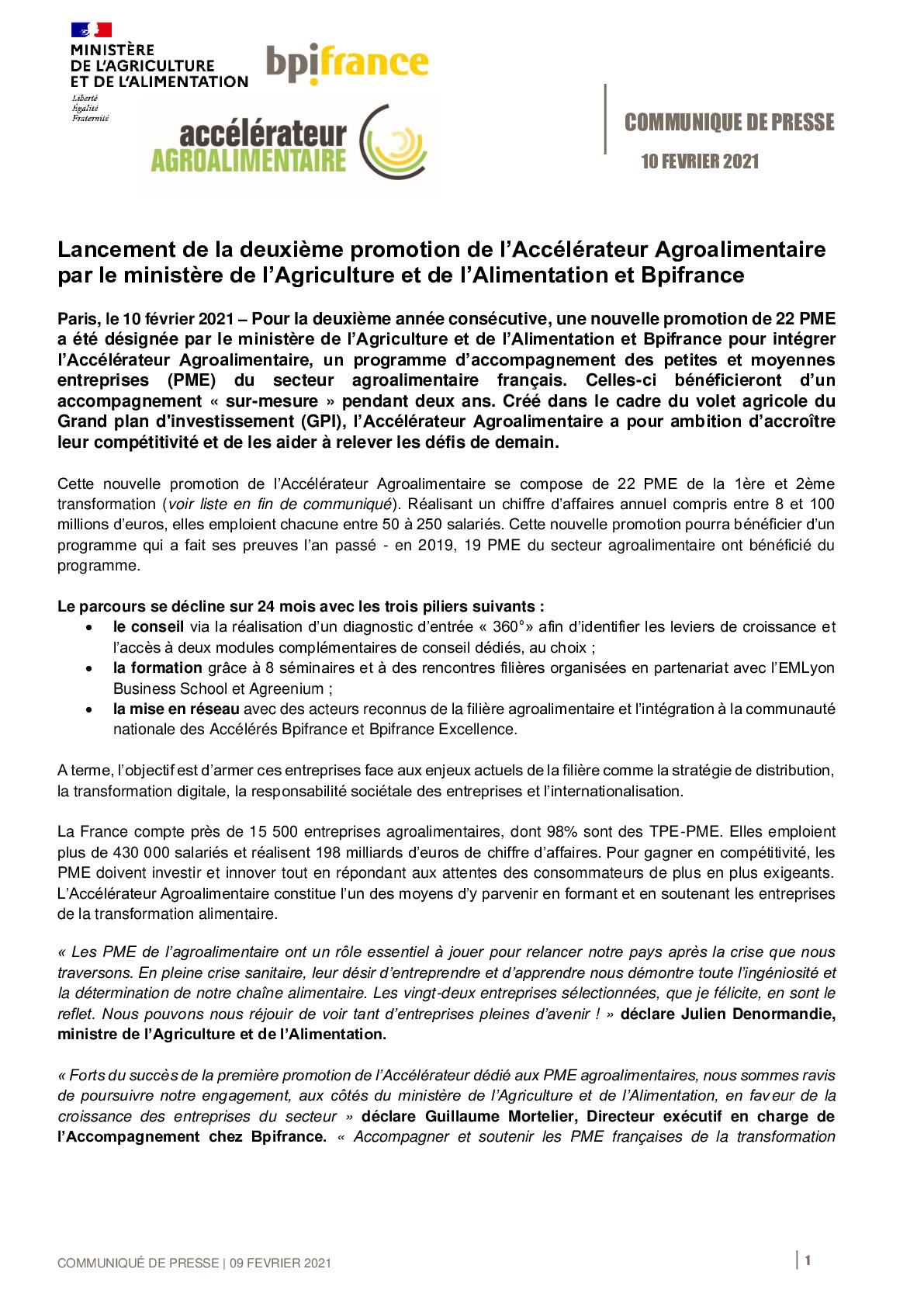 2021 02 10 – CP – Le ministere de lAgriculture et de lAlimentation et Bpifrance lancent la deuxieme promotion de lAccelerateur Agroalimentaire-pdf