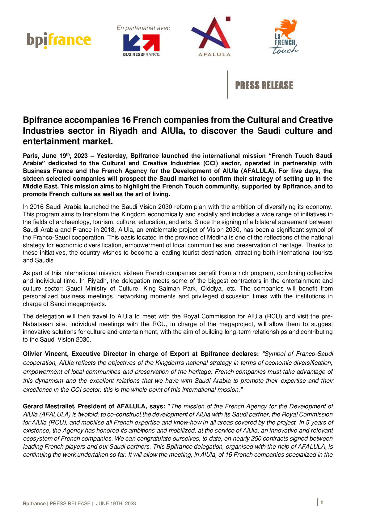 Press Release Bpifrance accompanies 16 French companies in the Cultural and Creative Industries sector in Riyadh and AlUla, to discover the Saudi culture and entertainment market-pdf