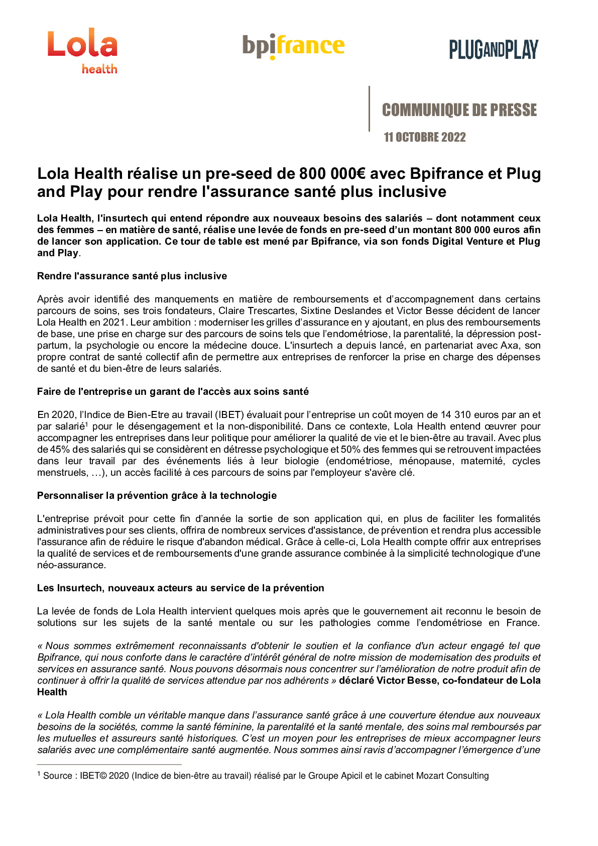 2022 10 11 – CP Lola Health realise un pre-seed de 800 000 avec Bpifrance et Plug and Play pour rendre lassurance sante plus inclusive-pdf