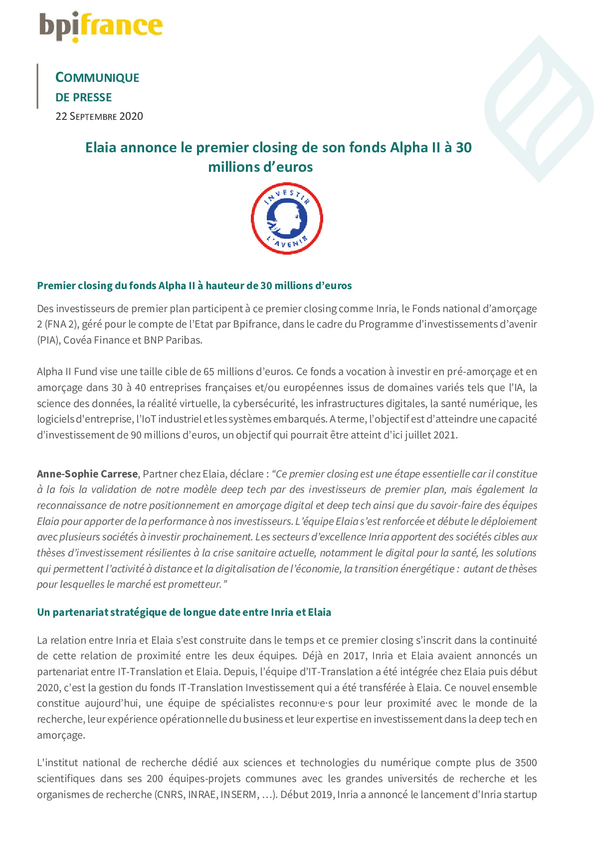2020 09 22 – CP Elaia annonce le premier closing de son fonds Alpha II a 30 millions deuros-pdf