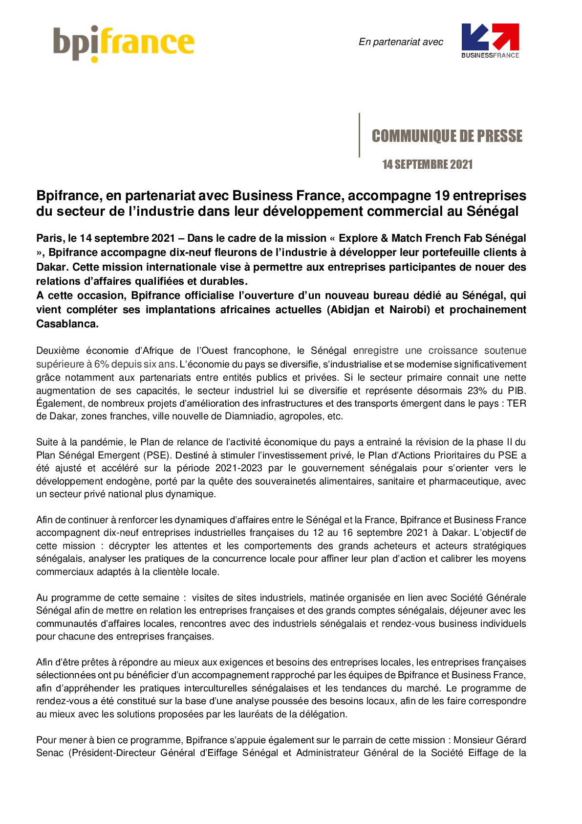 2021 09 14 – CP Bpifrance en partenariat avec Business France accompagne 19 entreprises du secteur de lindustrie dans leur developpement commercial au Senegal-pdf