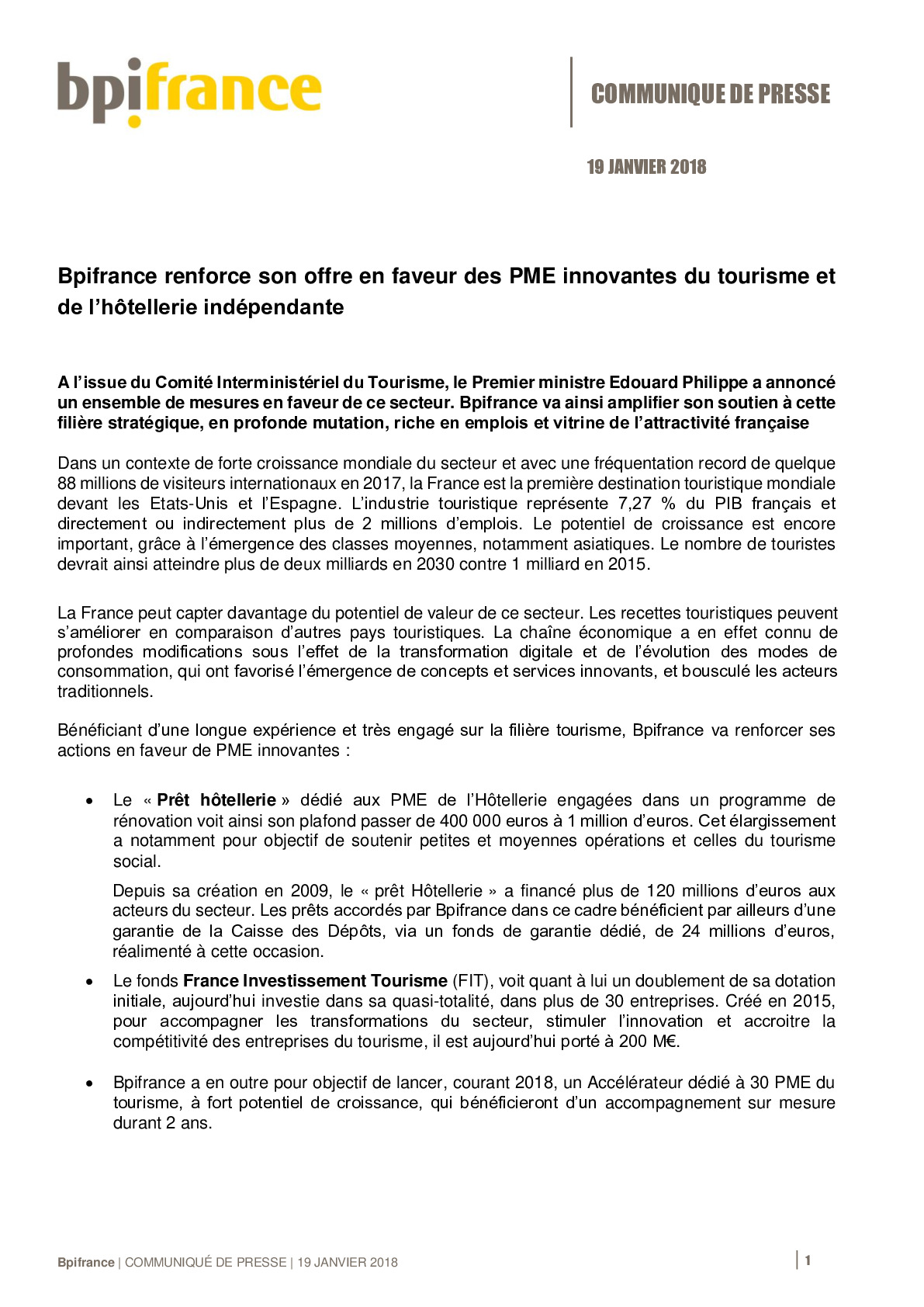 2018 01 19 – CP Bpifrance renforce son offre en faveur de la filiere tourisme-pdf