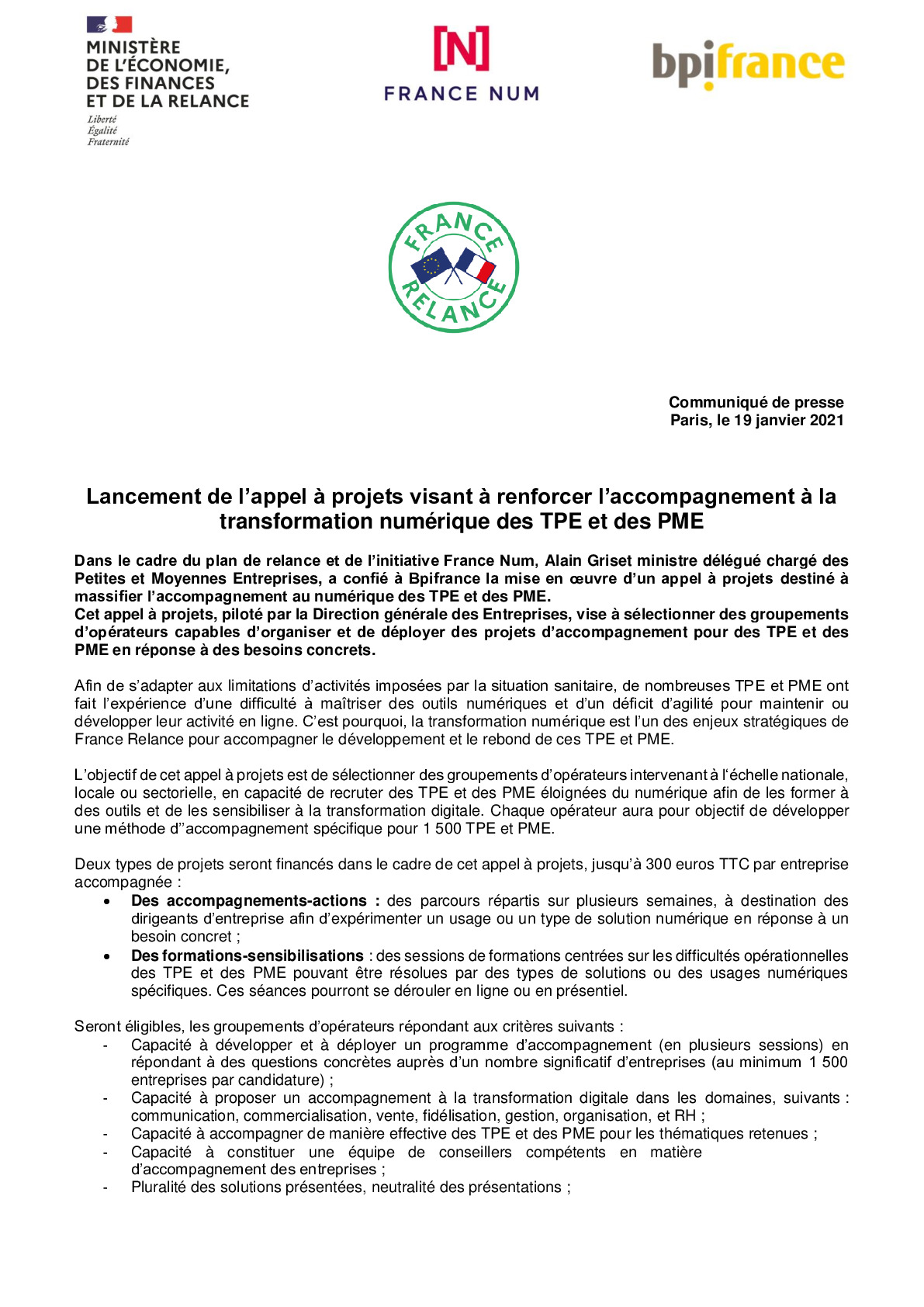 2021 01 19 – CP Lancement de lappel a projets visant a renforcer l accompagnement a la transformation numerique des TPE-PME-pdf