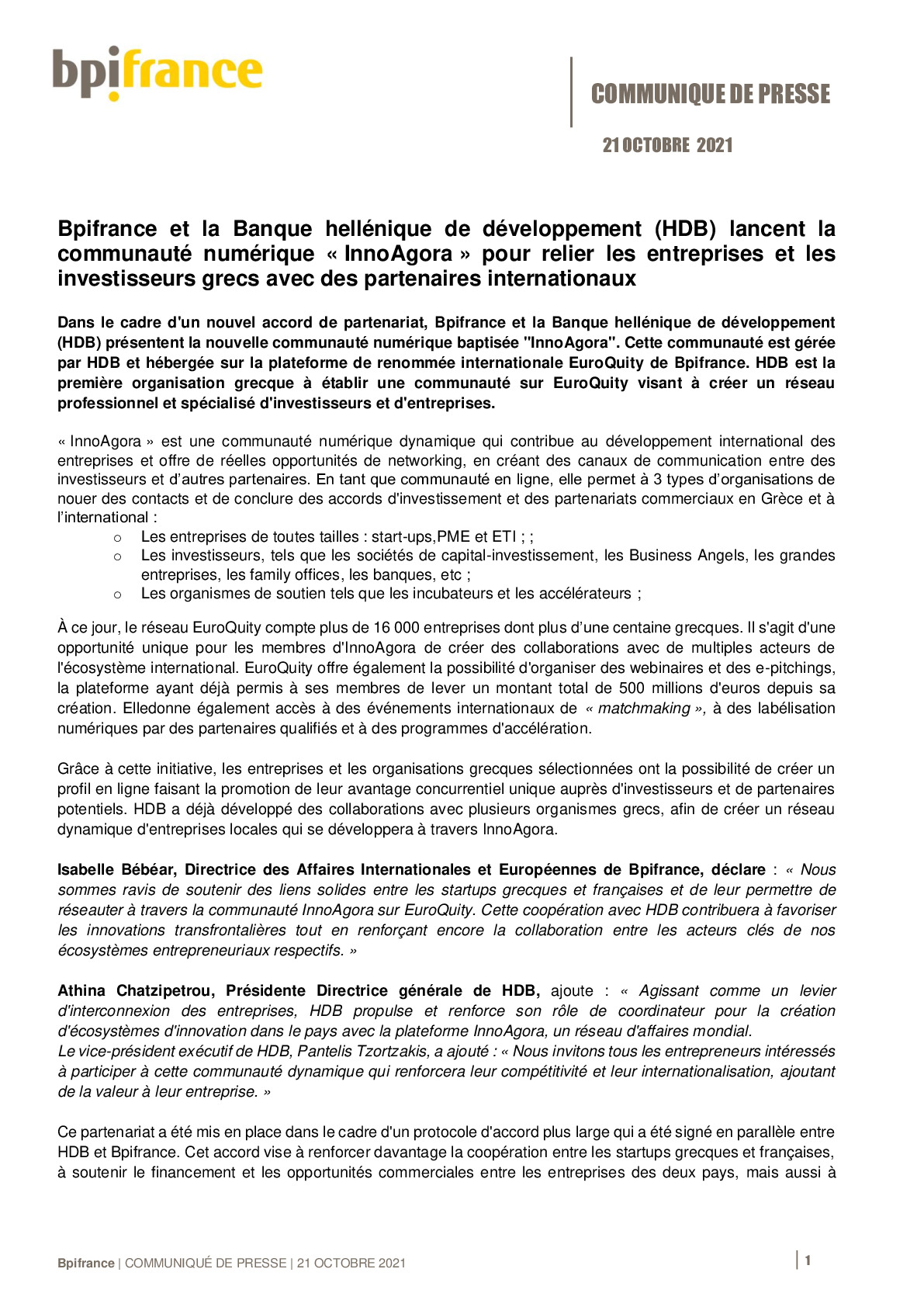 2021 10 21 – Bpifrance et la Banque hellenique de developpement HDB lance la communaute numerique   InnoAgora  – V2-pdf