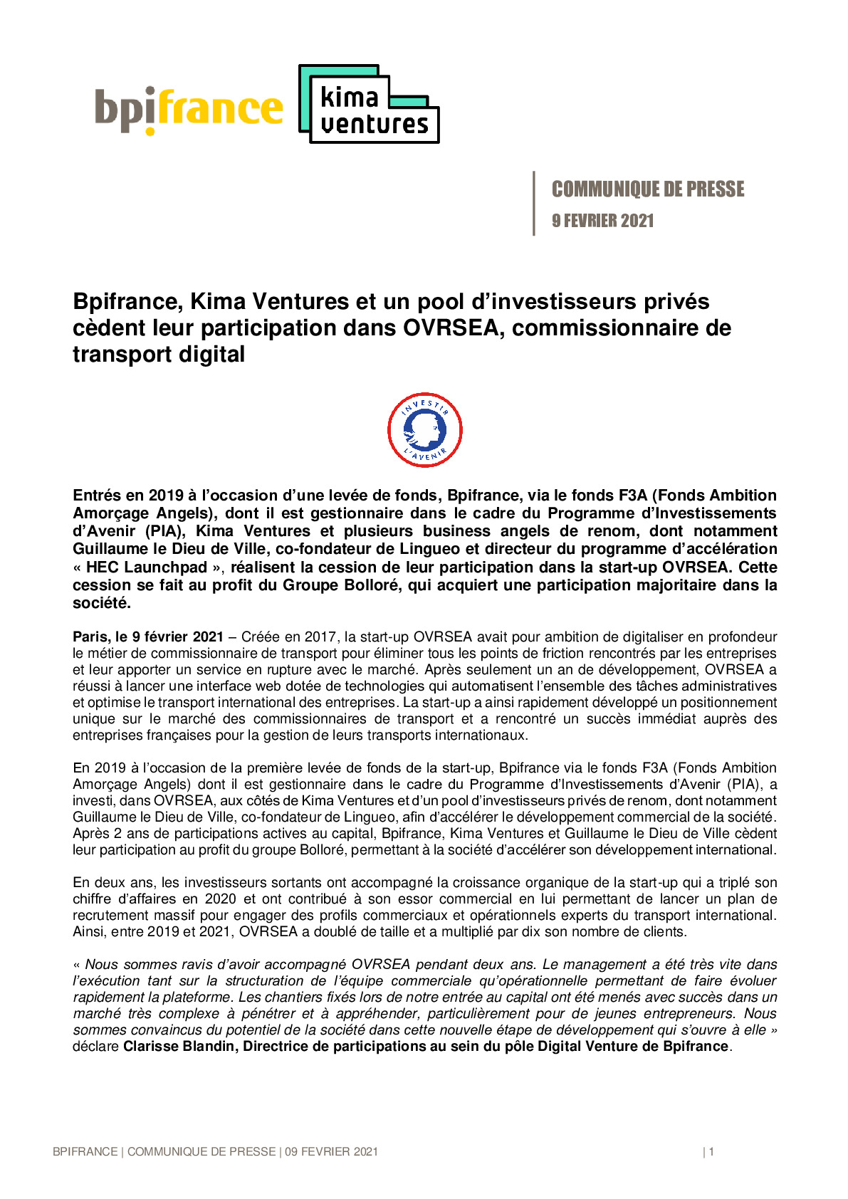 2021 02 09 – Bpifrance Kima Ventures et un pool dinvestisseurs prives cedent leur participation dans OVRSEA-pdf