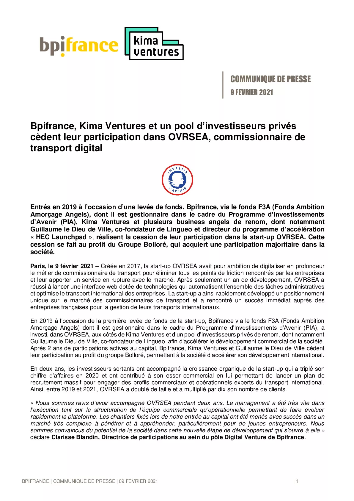 2021 02 09 – Bpifrance Kima Ventures et un pool dinvestisseurs prives cedent leur participation dans OVRSEA-pdf
