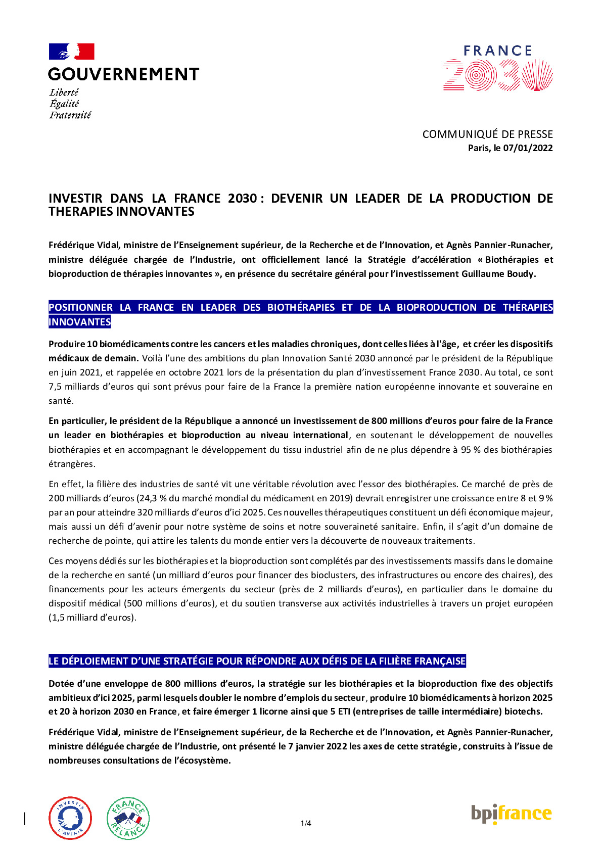 2022 01 07 – CP INVESTIR DANS LA FRANCE 2030 – DEVENIR UN LEADER DE LA PRODUCTION DE THERAPIES INNOVANTES-pdf