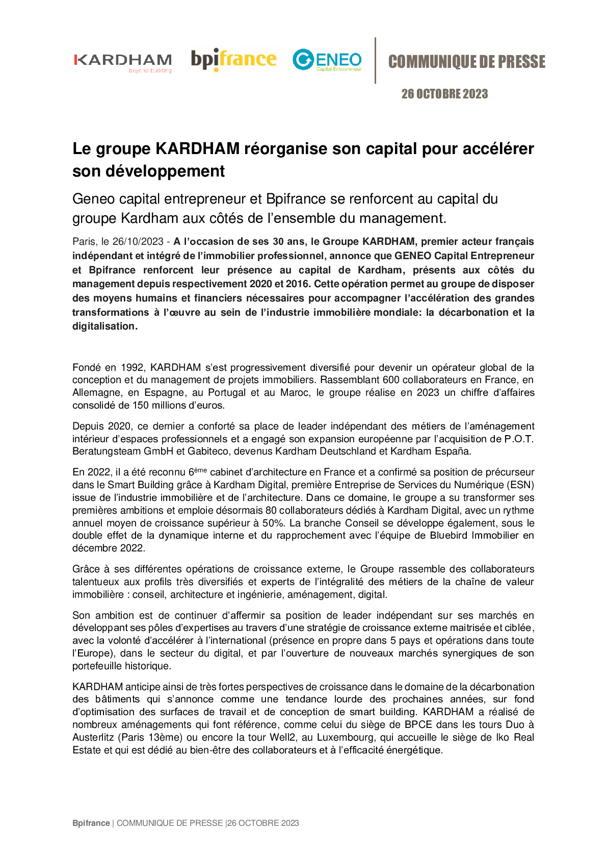 2023 10 26 – CP Bpifrance – LE GROUPE KARDHAM REORGANISE SON CAPITAL POUR ACCELERER SON DEVELOPPEMENT-pdf