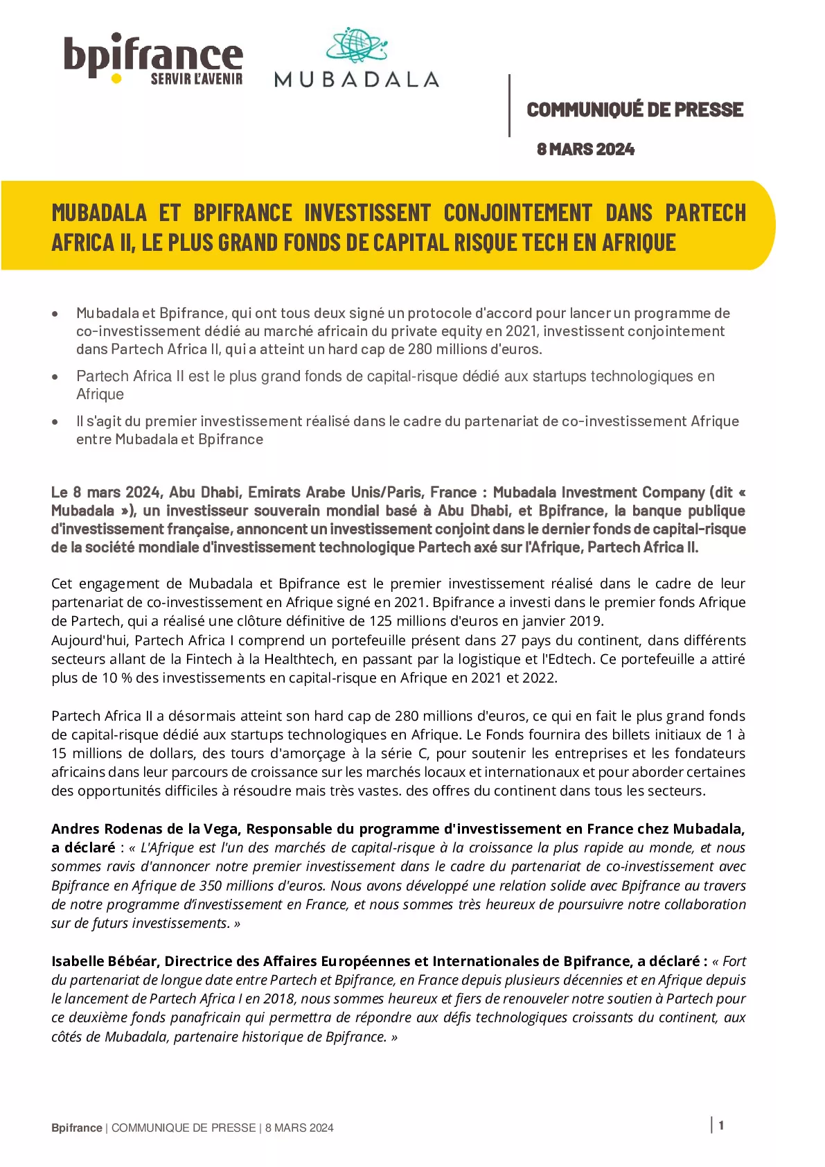 2024 03 08 – CP Bpifrance – Mubadala et Bpifrance investissent conjointement dans Partech Africa II le plus grand fonds de capital risque tech en Afrique-pdf