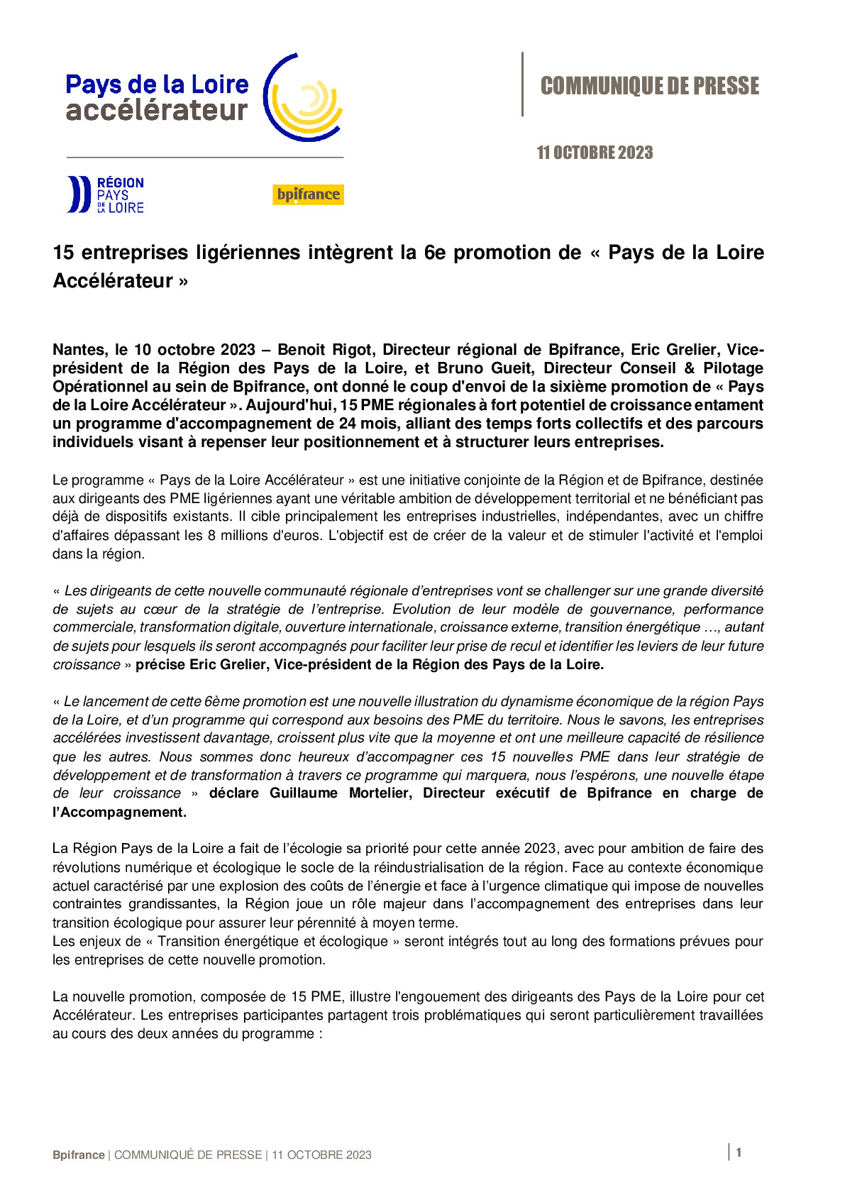2023 10 11 – CP Bpifrance – 15 entreprises ligériennes intègrent la 6e promotion de « Pays de la Loire Accélérateur »-pdf