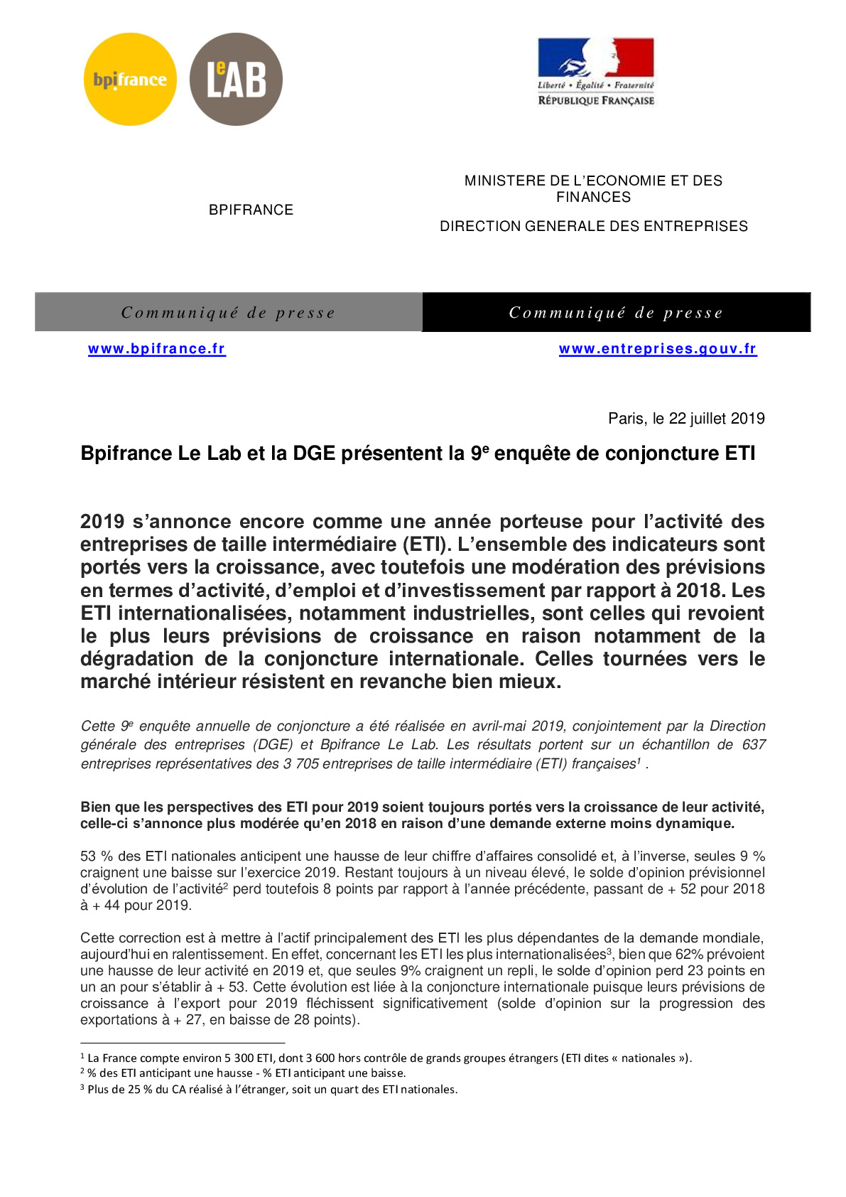 2019 07 22 –  CP Bpifrance – DGE – Etude annuelle de conjoncture ETI-pdf