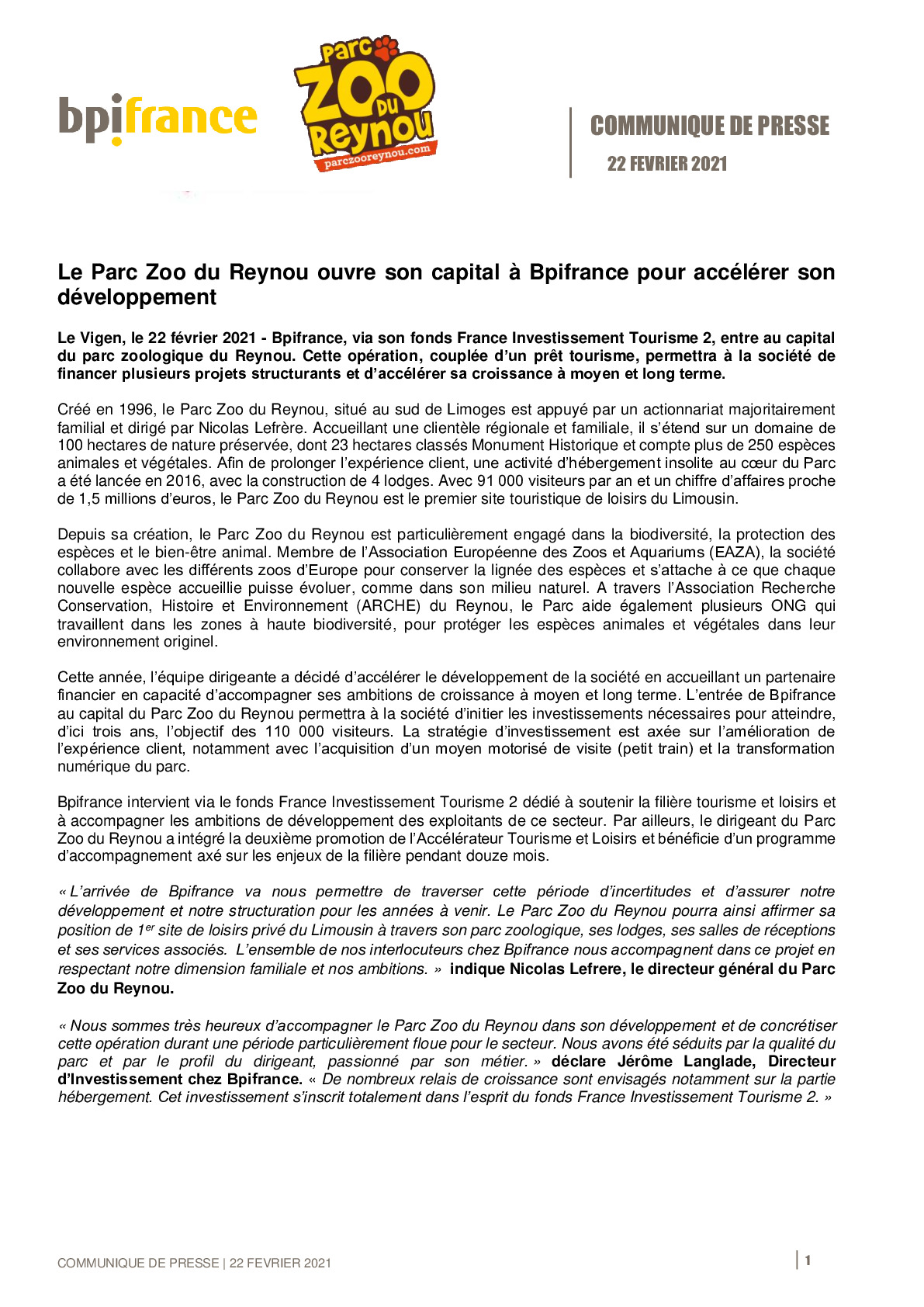 2021 02 22 – CP – Le Parc  Zoo du Reynou ouvre son capital a Bpifrance-pdf