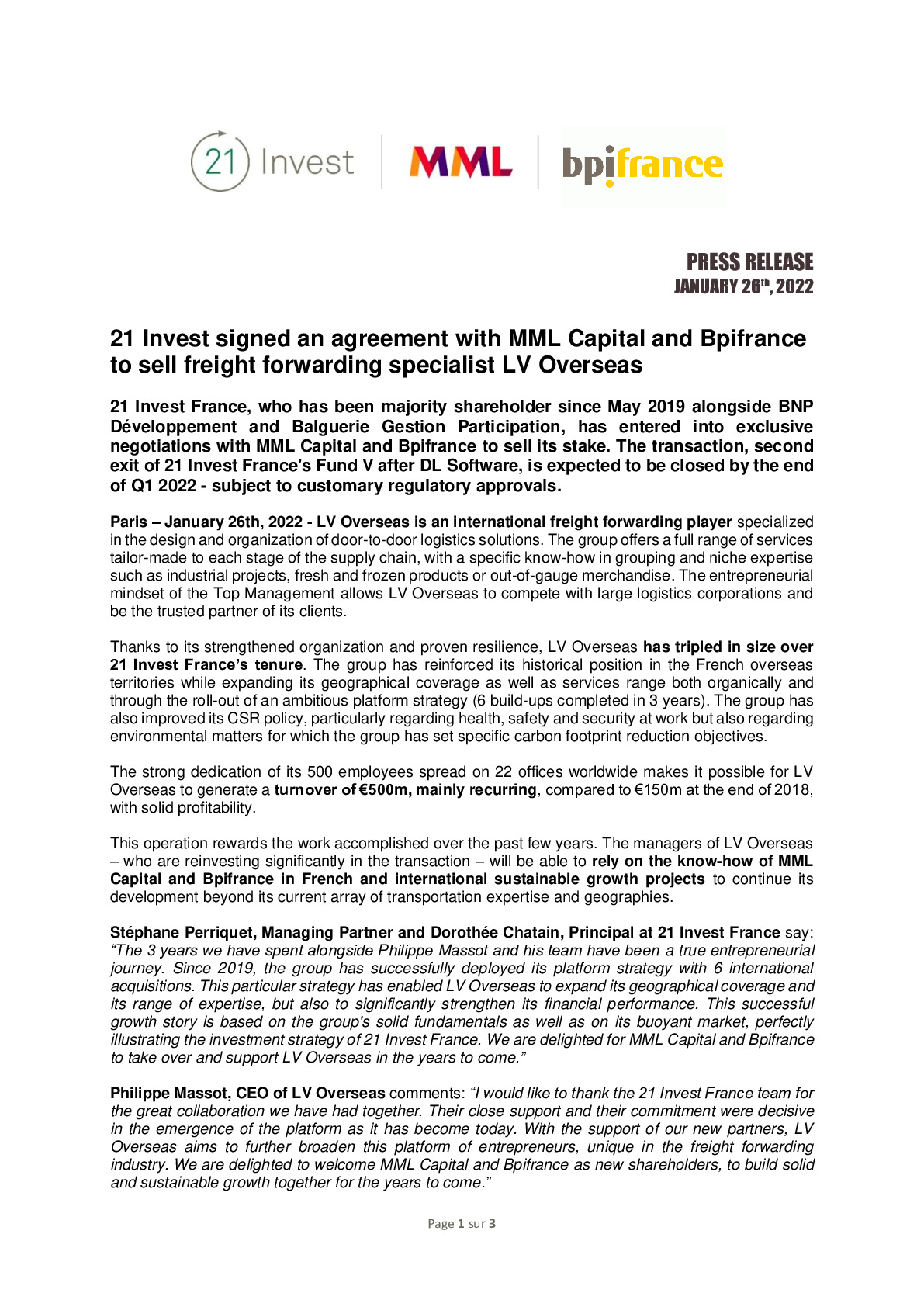 2022 01 26 – PR 21 Invest signed an agreement with MML Capital and Bpifrance to sell freight forwarding specialist LV Overseas-pdf