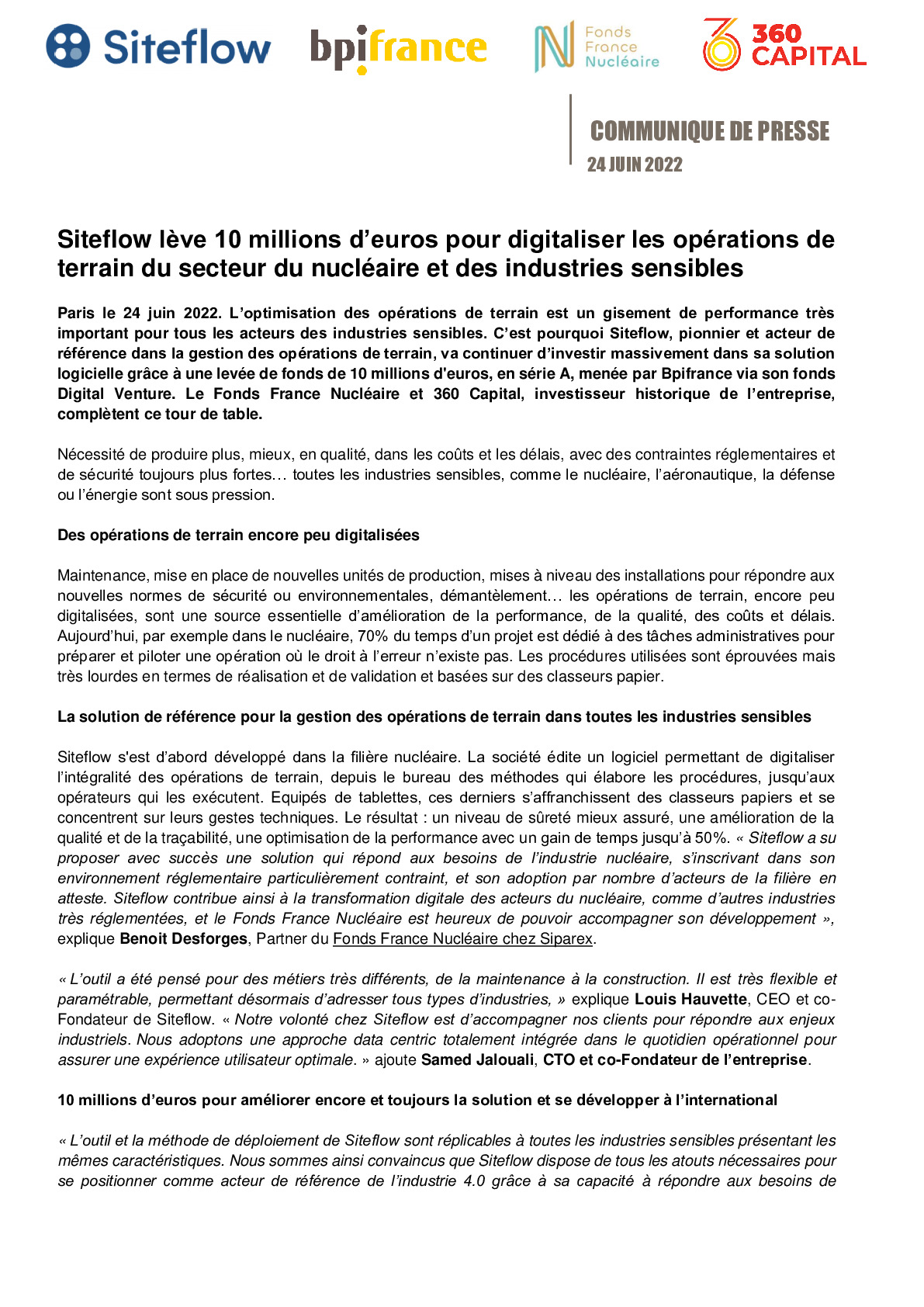 2022 06 24 – CP Bpifrance – Siteflow leve 10 millions deuros pour digitaliser les operations de terrain du secteur du nucleaire et des industries sensibles-pdf