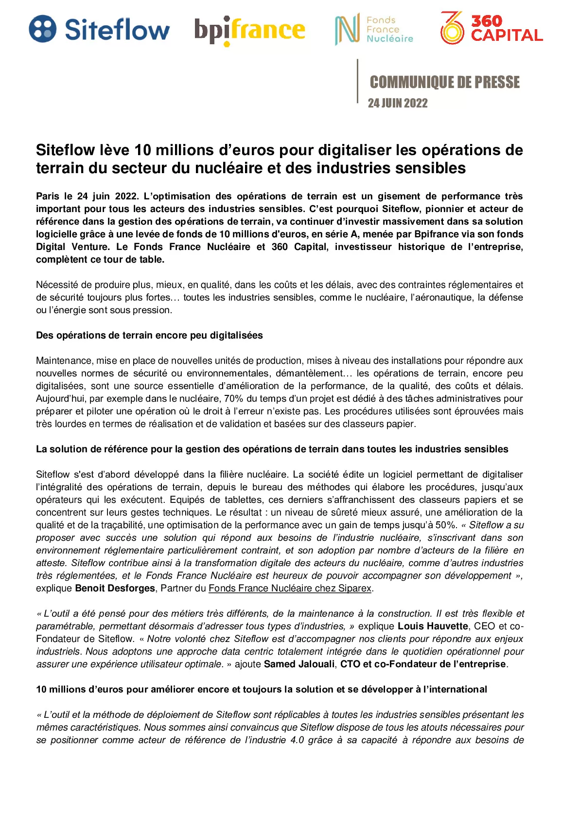2022 06 24 – CP Bpifrance – Siteflow leve 10 millions deuros pour digitaliser les operations de terrain du secteur du nucleaire et des industries sensibles-pdf