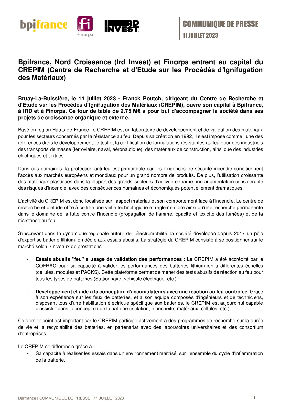 2023 07 11 – CP Bpifrance, Nord Croissance, et Finorpa entrent au capital du CREPIM-pdf