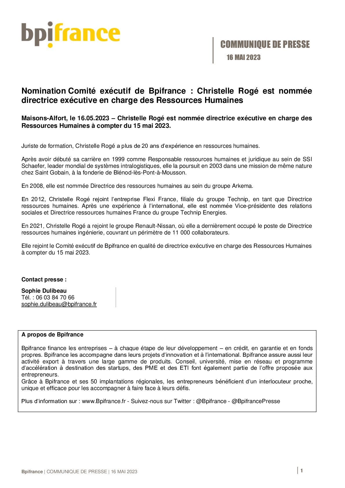 2023 05 16  – CP Bpifrance – Nomination Comité exécutif de Bpifrance Christelle Rogé est nommée directrice exécutive en charge des Ressources Humaines-pdf