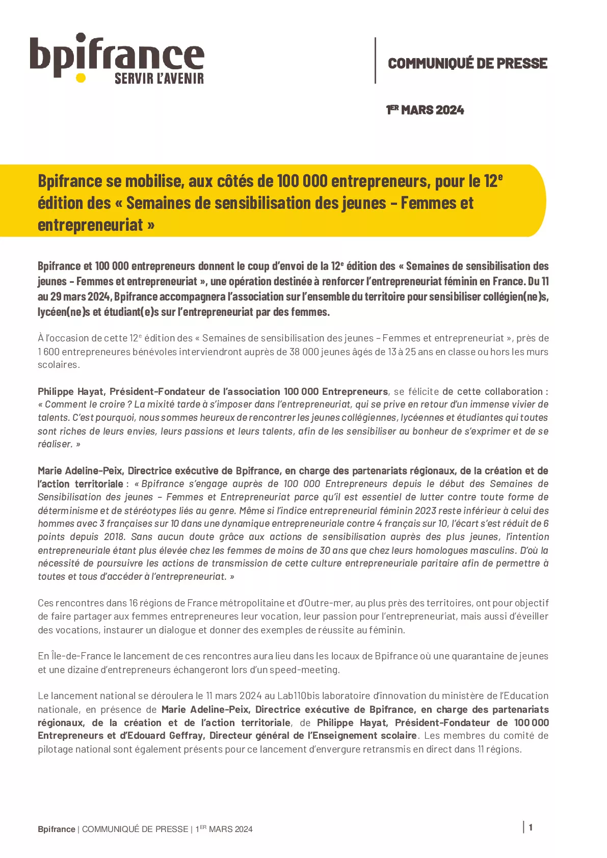 2024 03 01 – CP Bpifrance se mobilise, aux côtés de 100 000 entrepreneurs, pour le 12e édition des Semaines de sensibilisation des jeunes – Femmes et entrepreneuriat-pdf