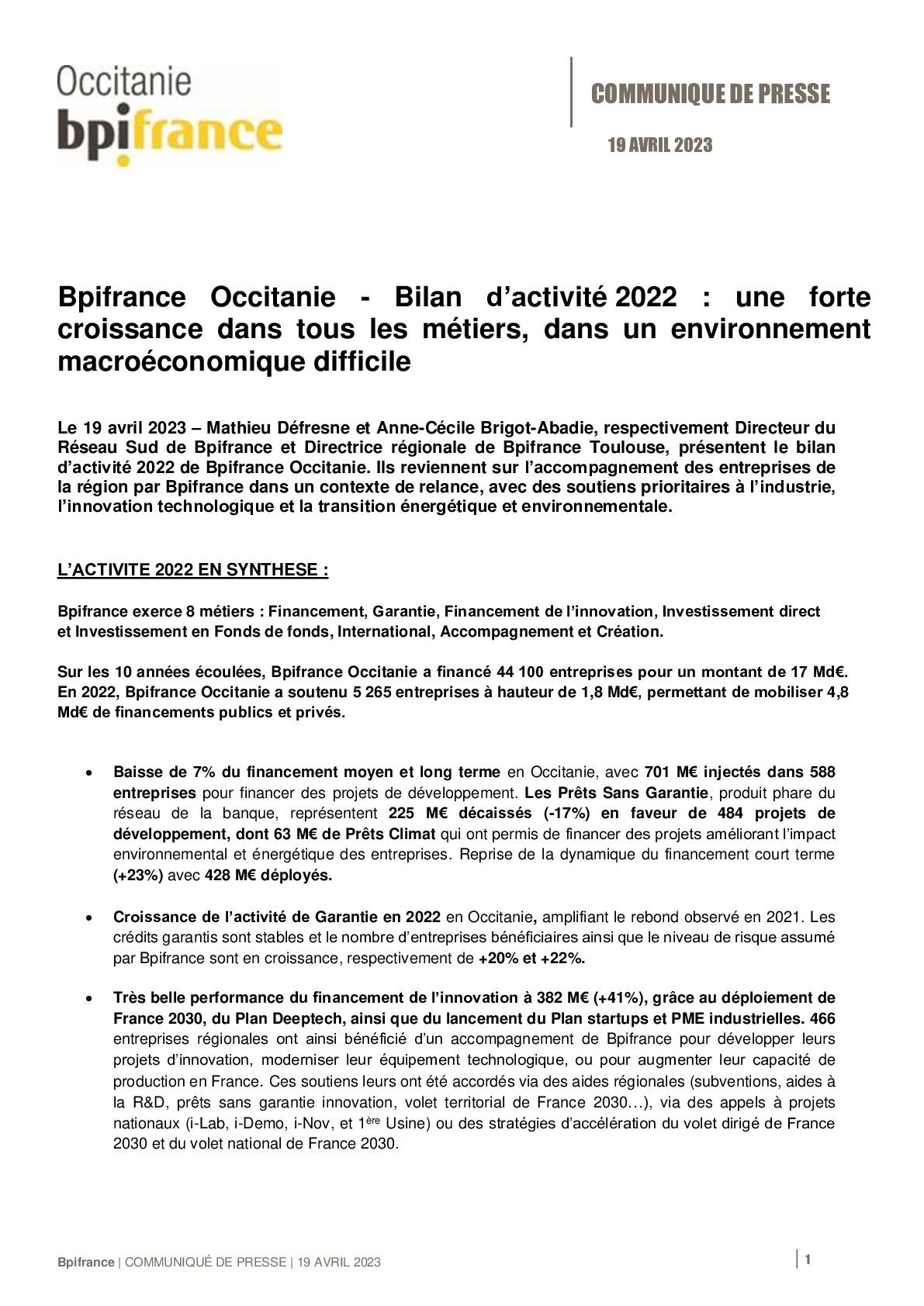 CP Bpifrance – Bilan d’activité 2022 régional Occitanie-pdf