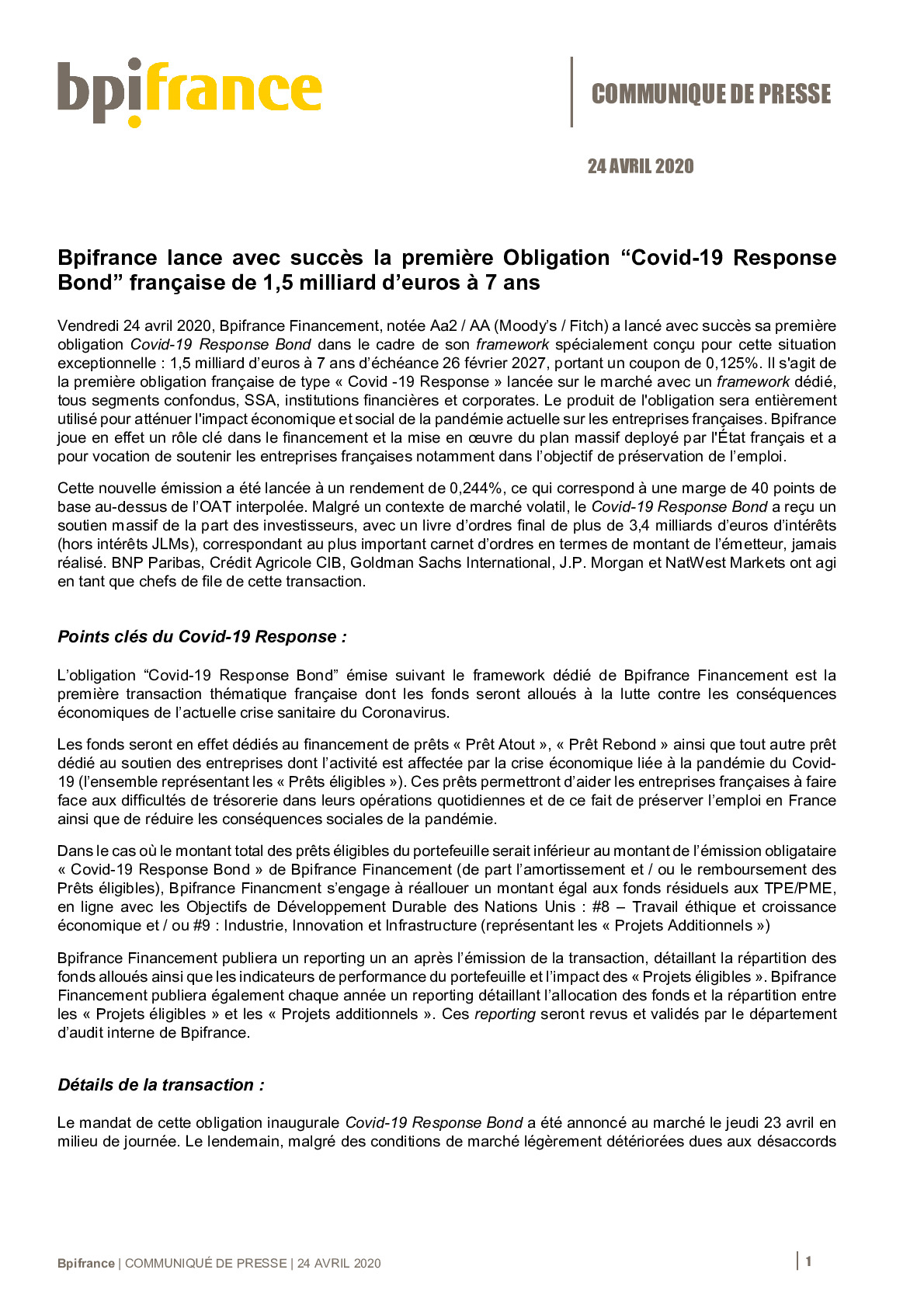 2020 04 24 – CP Bpifrance lance  sa premier Obligation Covid-19 Response Bond francaise de 15 milliard-pdf