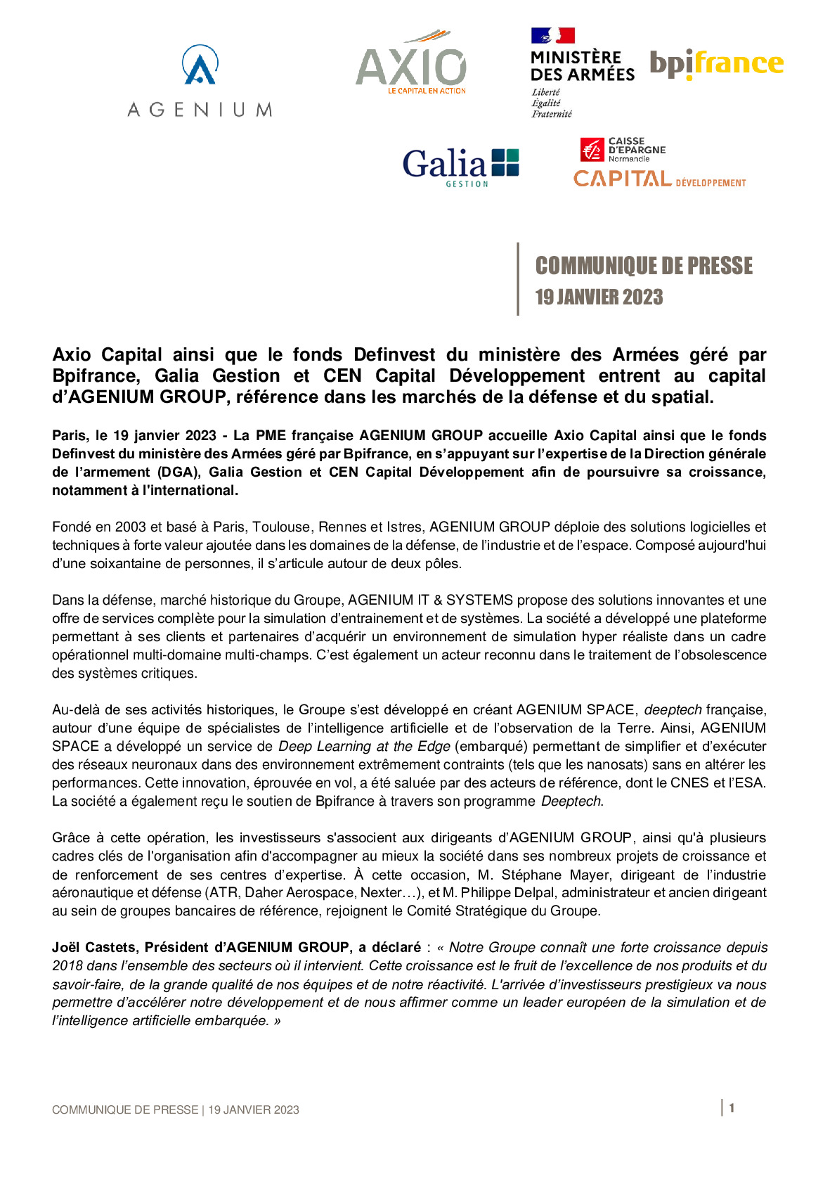 2023 01 19 – CP Axio Capital le fonds Definvest du ministère des Armées géré par Bpifrance Galia Gestion et CEN Capital Développement entrent au capital d’AGENIUM GROUP.pdf