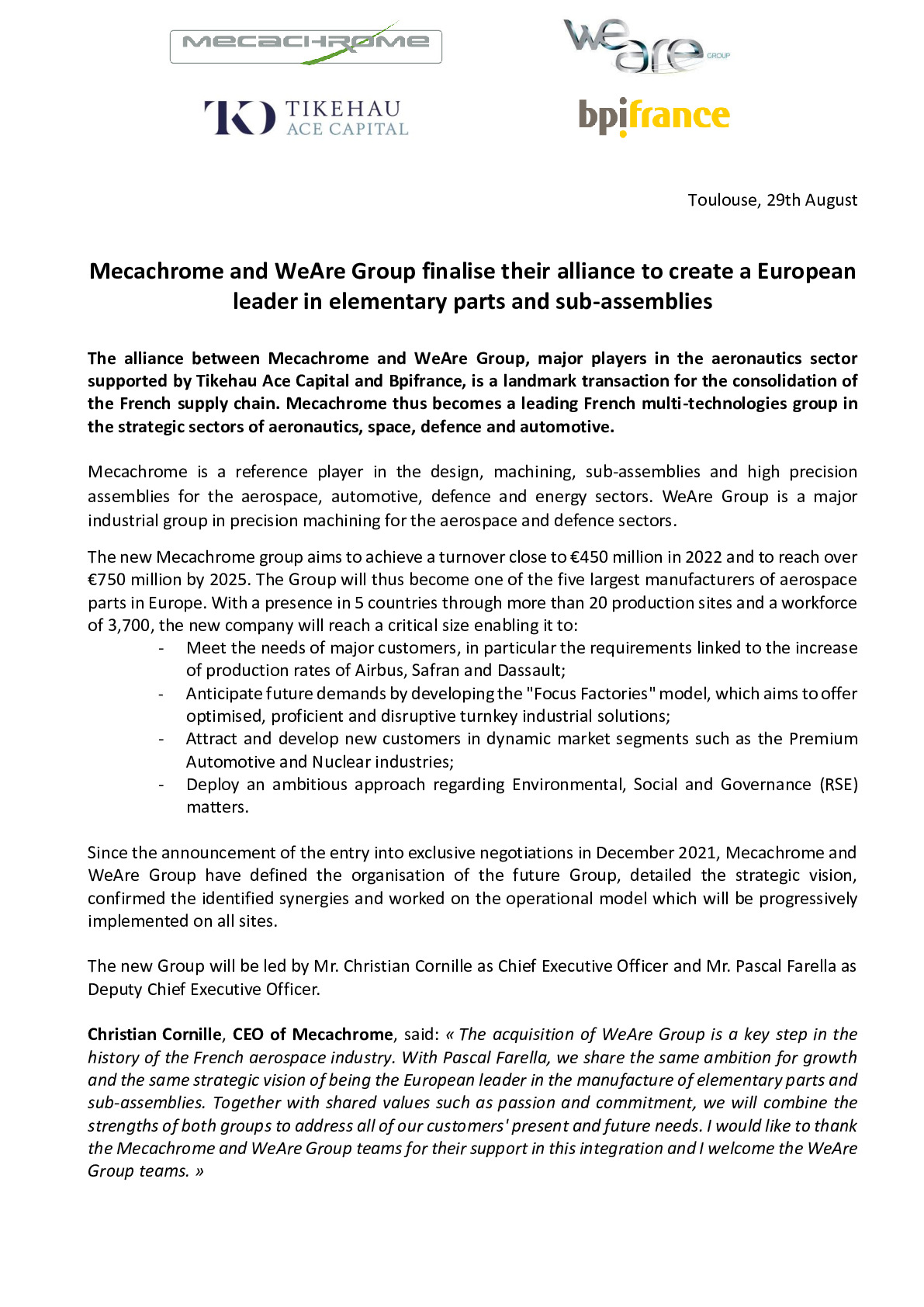 2022 08 29  – PR Bpifrance – Mecachrome and WeAre Group finalise their alliance to create a European leader in elementary parts and sub-assemblies-pdf