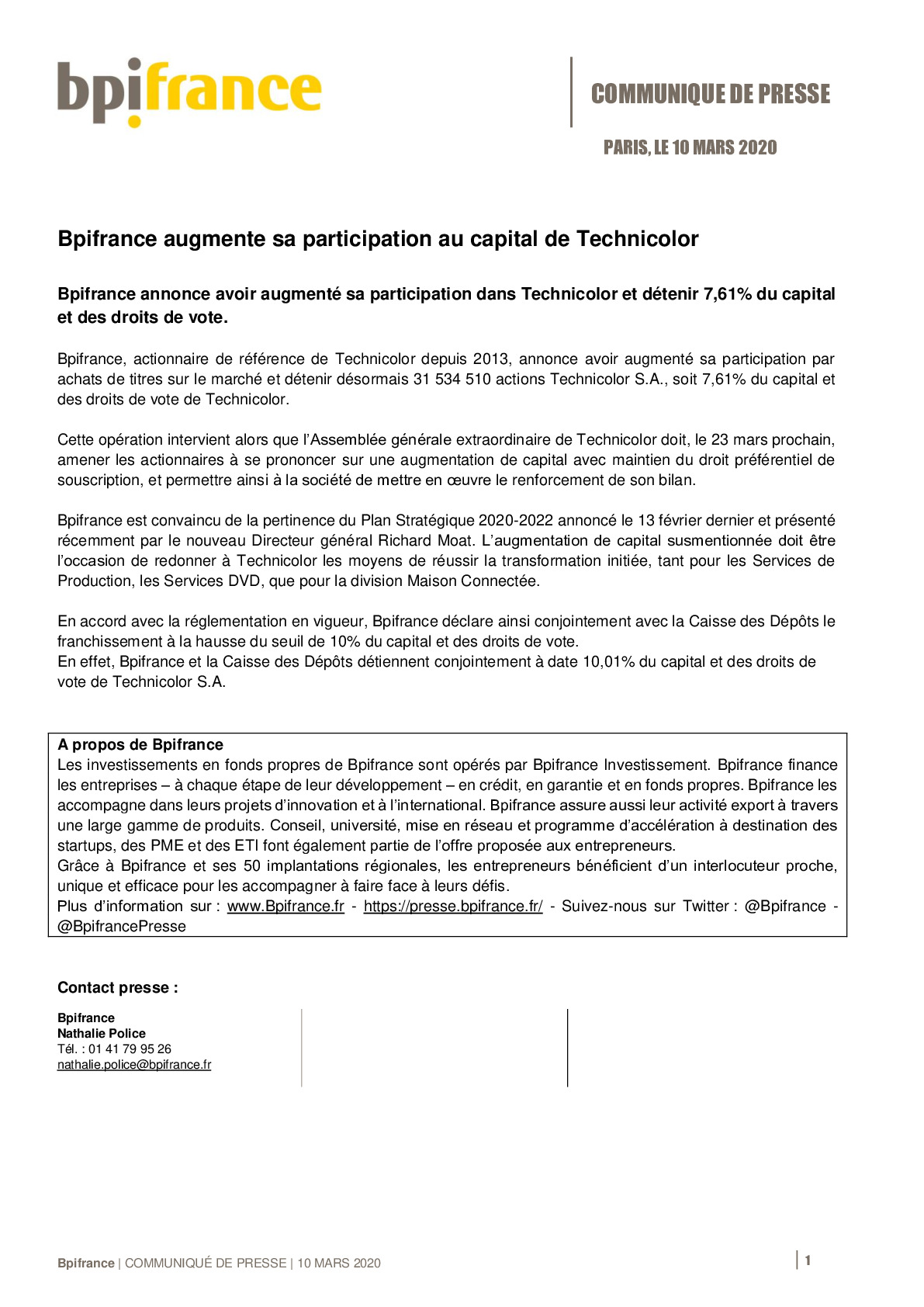 2020 03 10 – CP Bpifrance augmente sa participation dans Technicolor-pdf