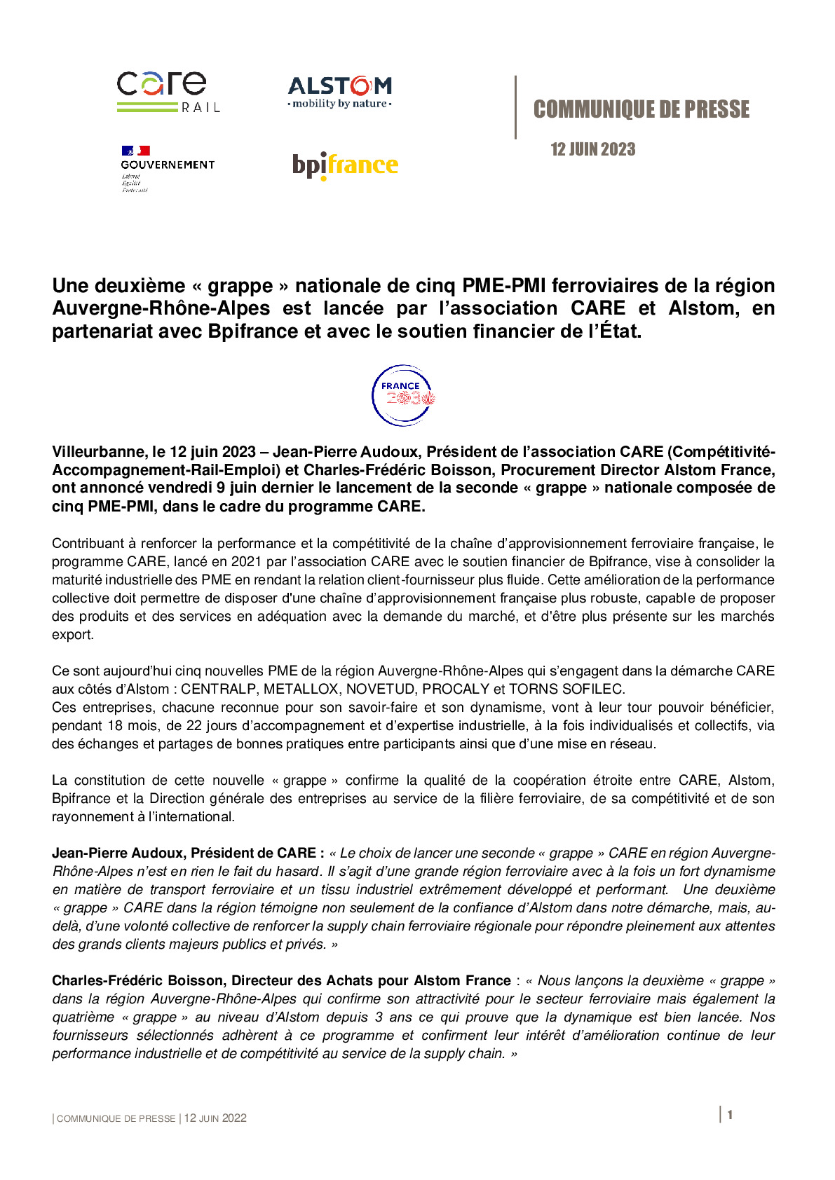 2023 06 12 – CP Une deuxième grappe nationale de cinq PME-PMI ferroviaires de la région Auvergne-Rhône-Alpes est lancée par l’association CARE et Alstom-pdf