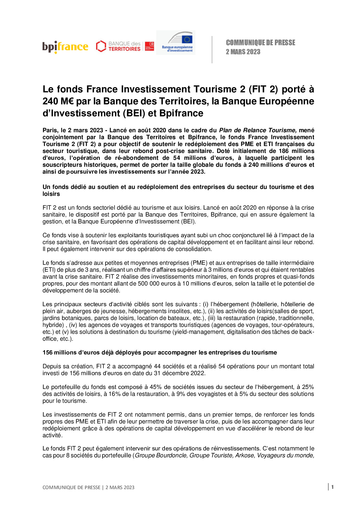 2023 03 02- Le fonds France Investissement Tourisme 2 (FIT 2) porté à 240 M€ par la Banque des Territoires, la Banque Européenne d’Investissement (BEI) et Bpifrance-pdf
