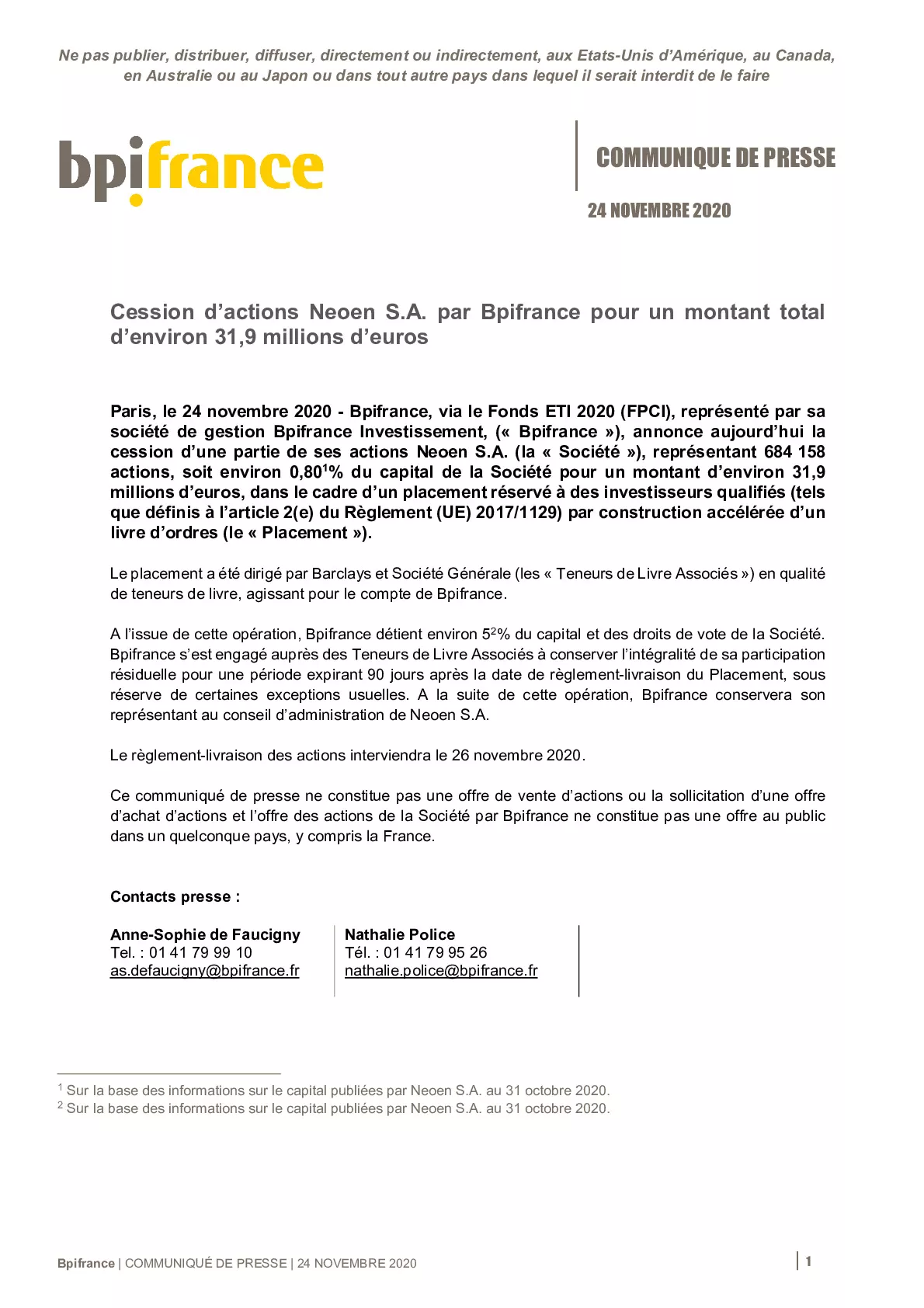 2020 11 24 – CP Bpifrance cede des actions de Neoen pour 31-9M-pdf
