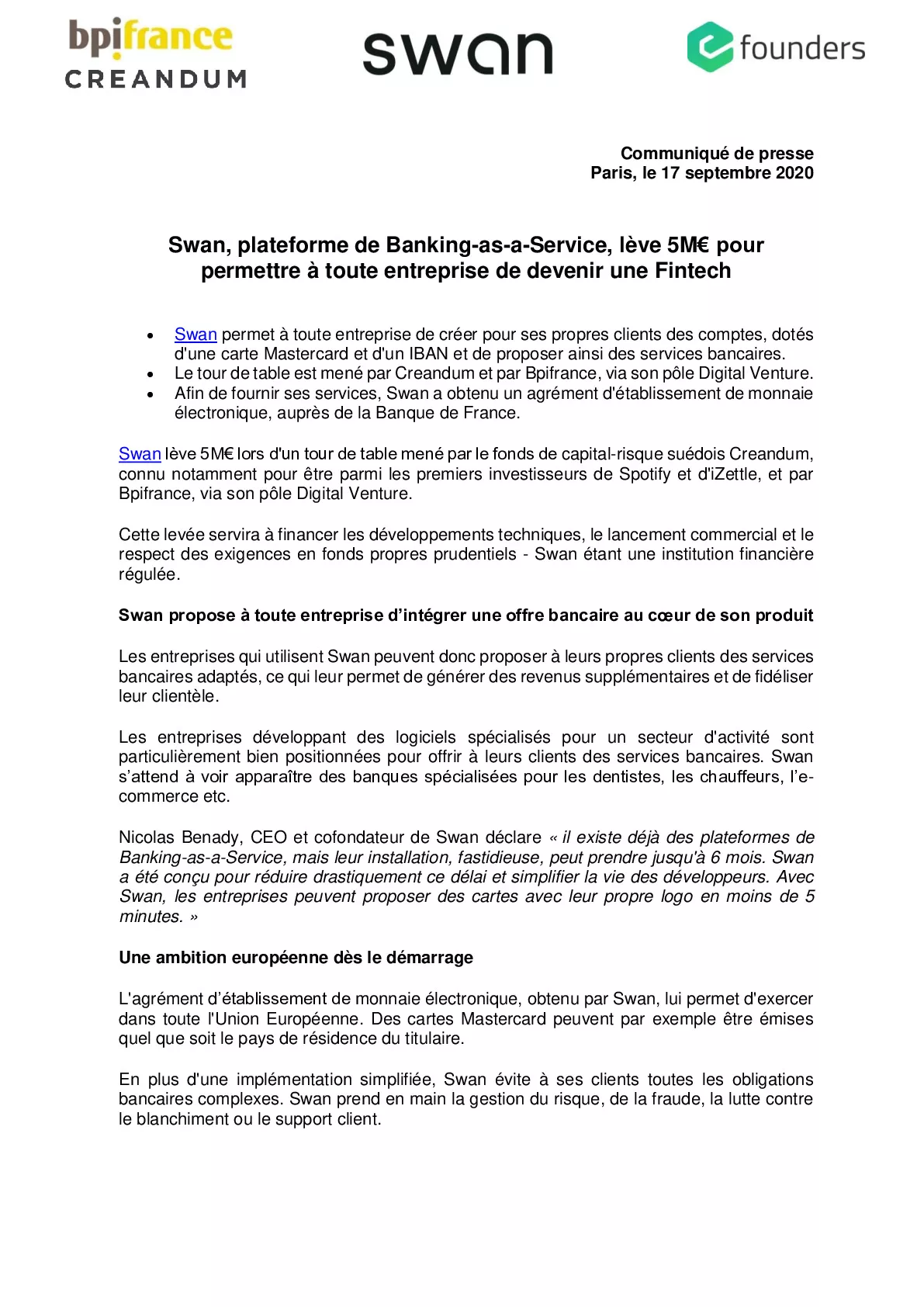 2020 09 17 – Swan plateforme de Banking-as-a-Service leve 5m pour permettre a toute entreprise de devenir une Fintech-pdf