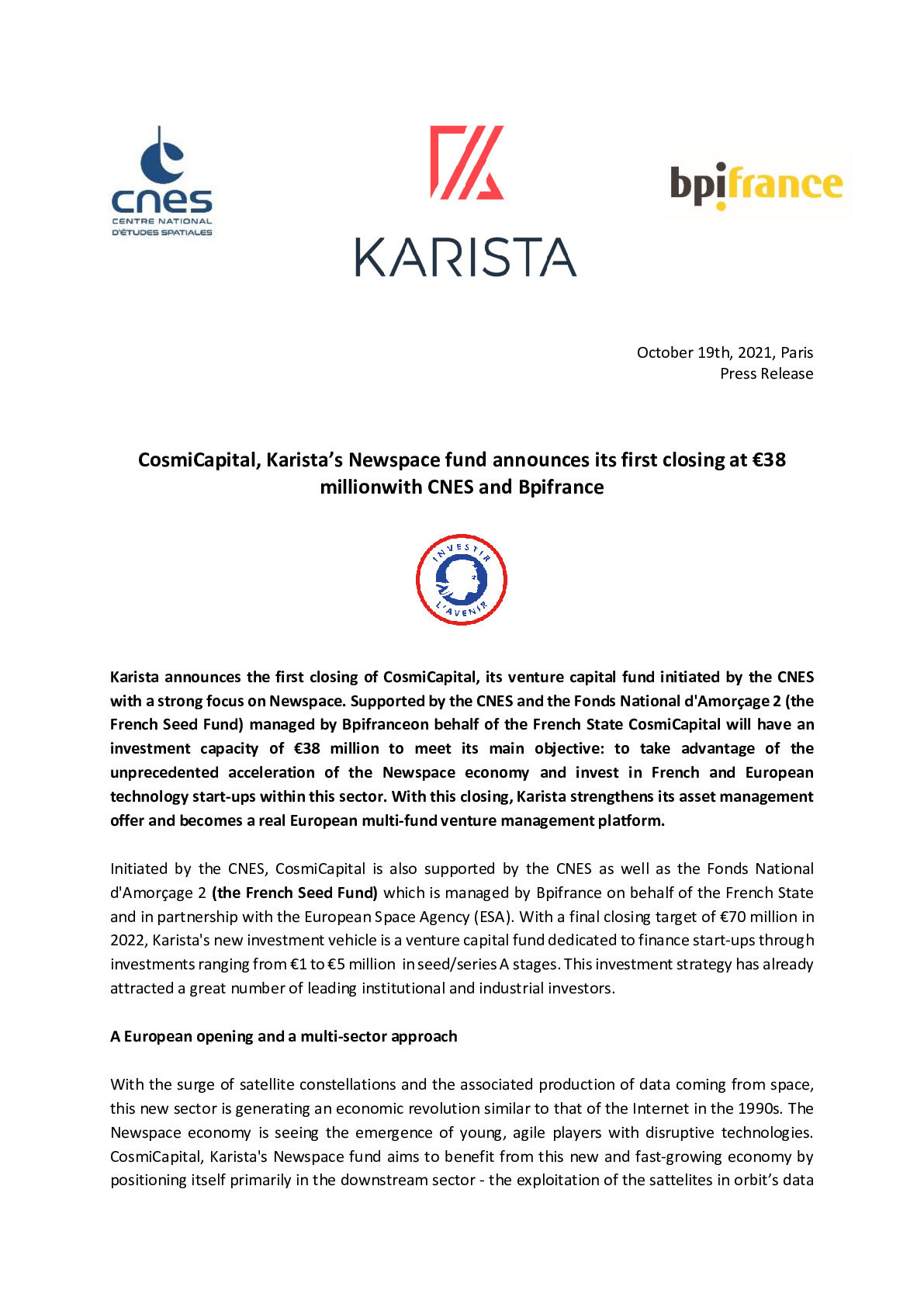 2021 10 19 – PR – CosmiCapital Karistas Newspace fund announces its first closing at 38 million euroswith CNES and Bpifrance-pdf