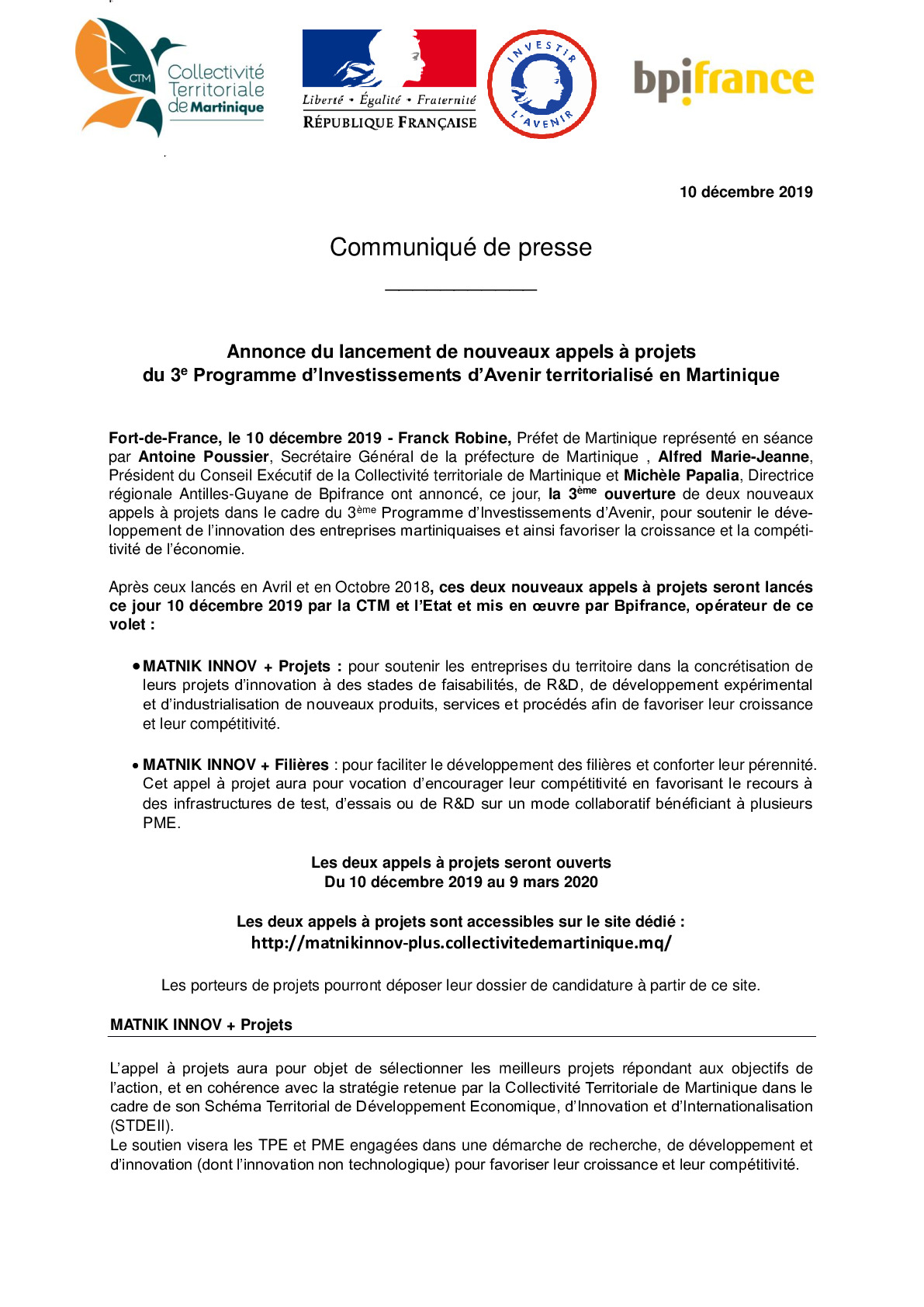 PIA3 MARTINIQUE – Communique de presse  – relance AAP 10122019-pdf