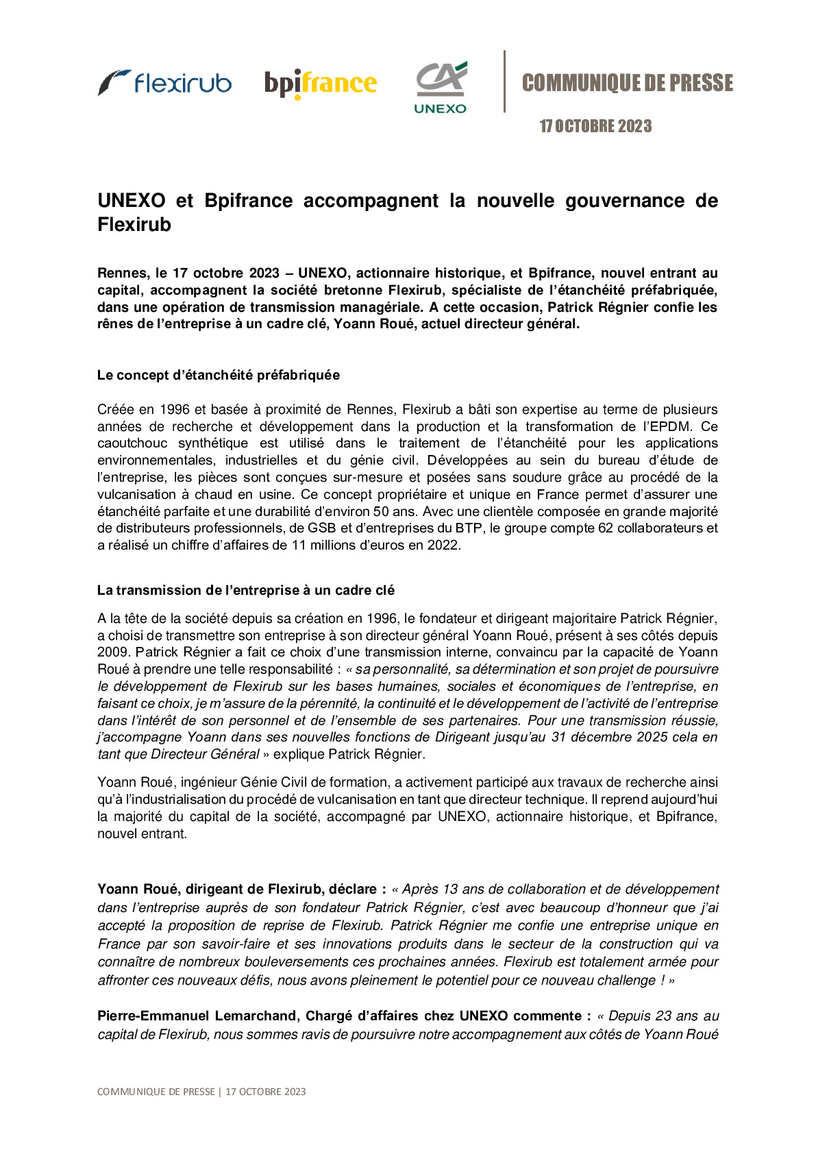 2023 10 17 – UNEXO et Bpifrance accompagnent la nouvelle gouvernance de Flexirub-pdf