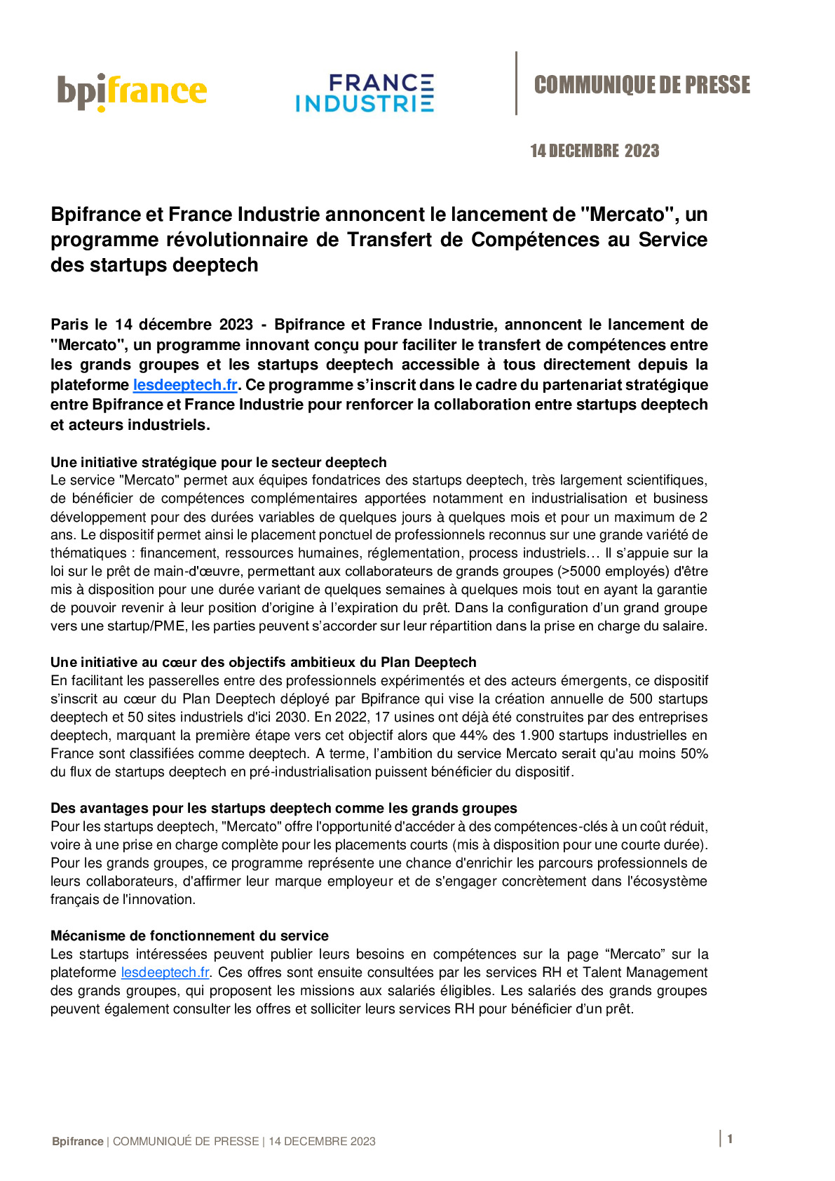 2023 12 14 – CP Bpifrance et France Industrie annoncent le lancement de Mercato un programme révolutionnaire de Transfert de Compétences-pdf